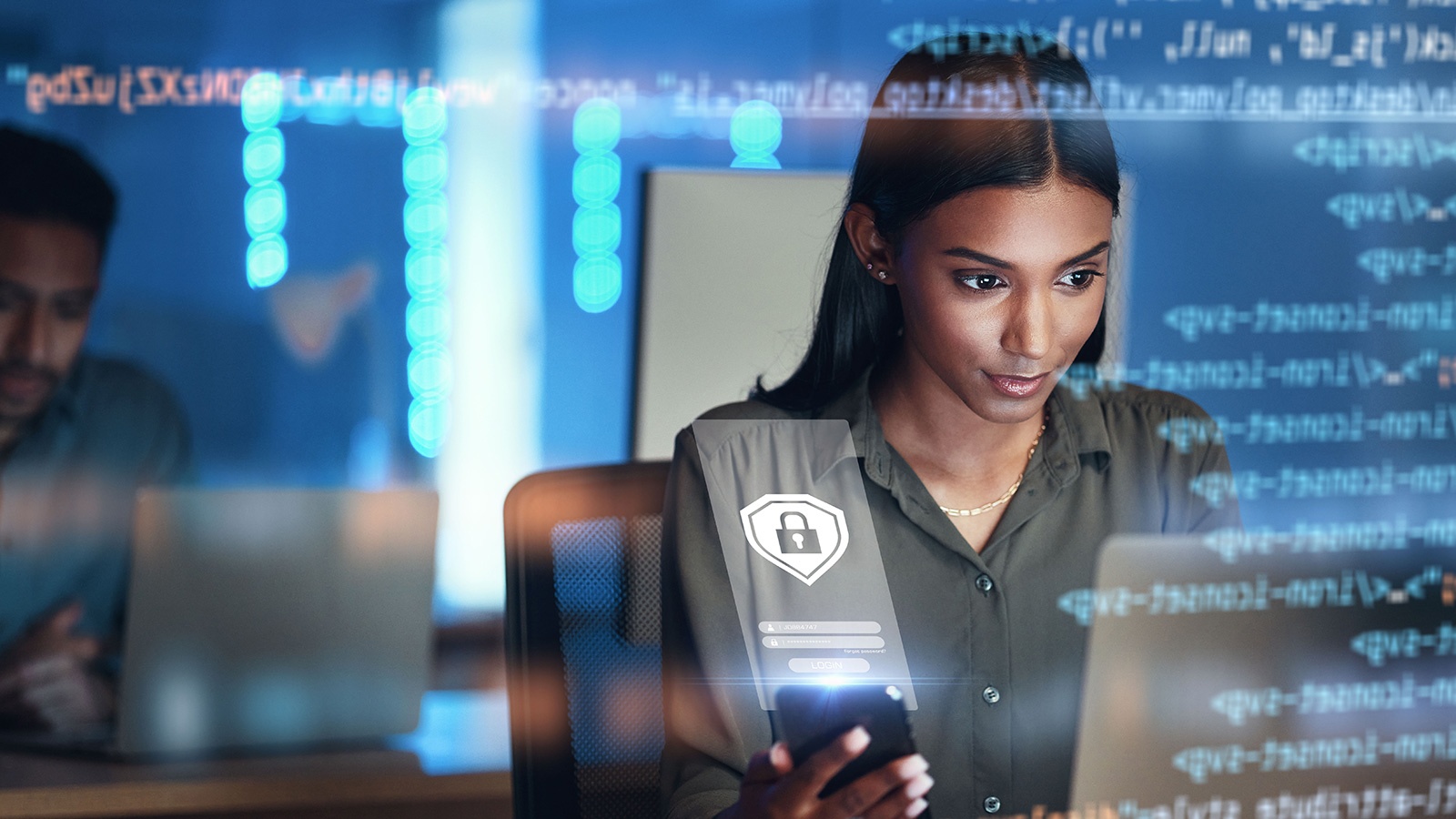 laptop, phone and hologram of woman for data protection, or cybersecurity programming