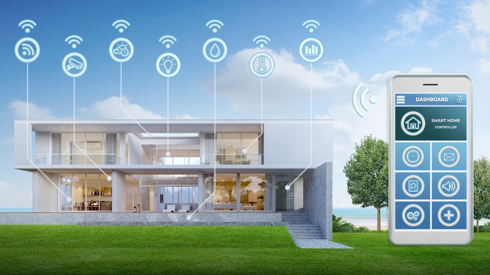 A smart home with a diagram of a smart phone that controls components of the structure.