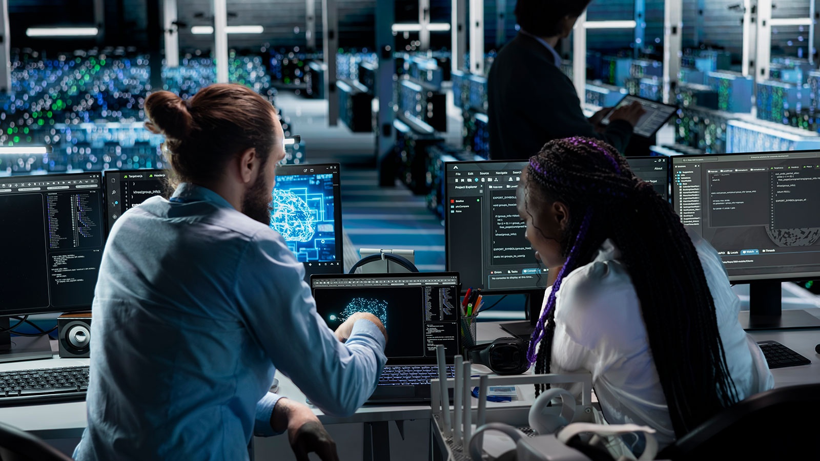 Team of data center engineers managing datasets used in artificial intelligence training