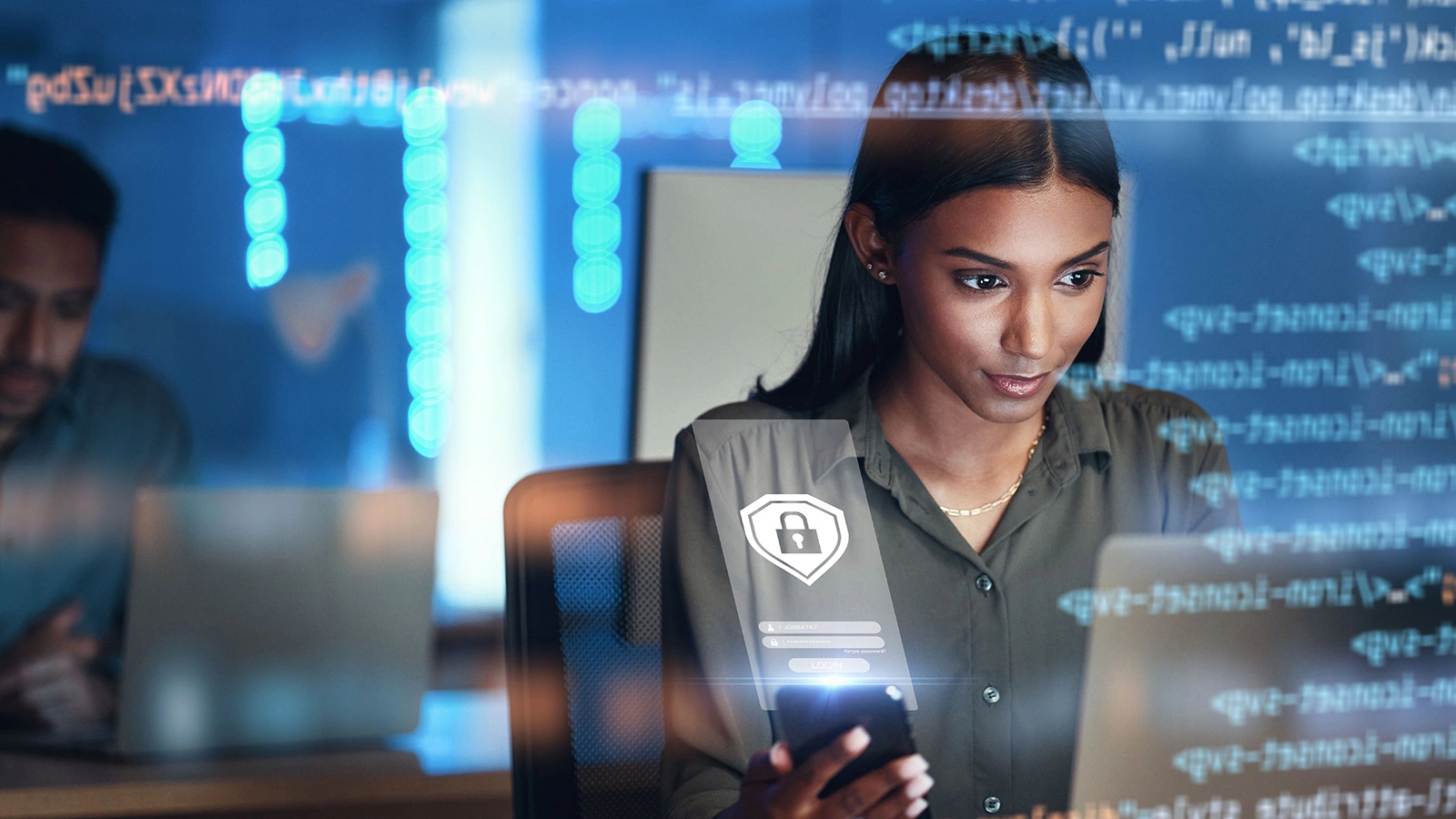 laptop, phone and hologram of woman for data protection, or cybersecurity programming