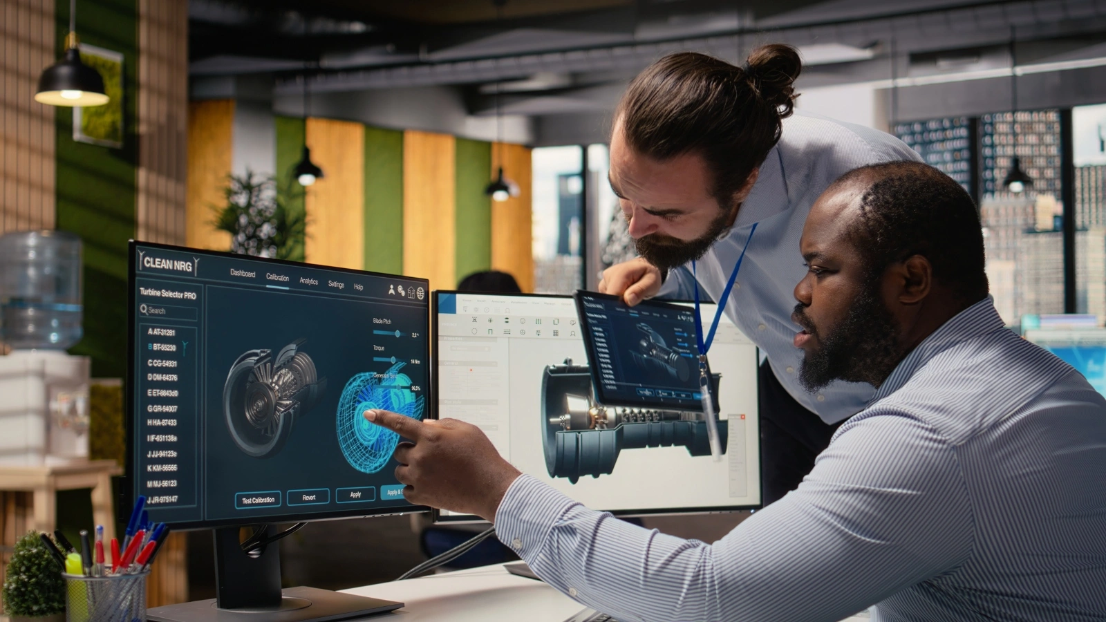 Two engineers look at turbine selectors on a computer screen.