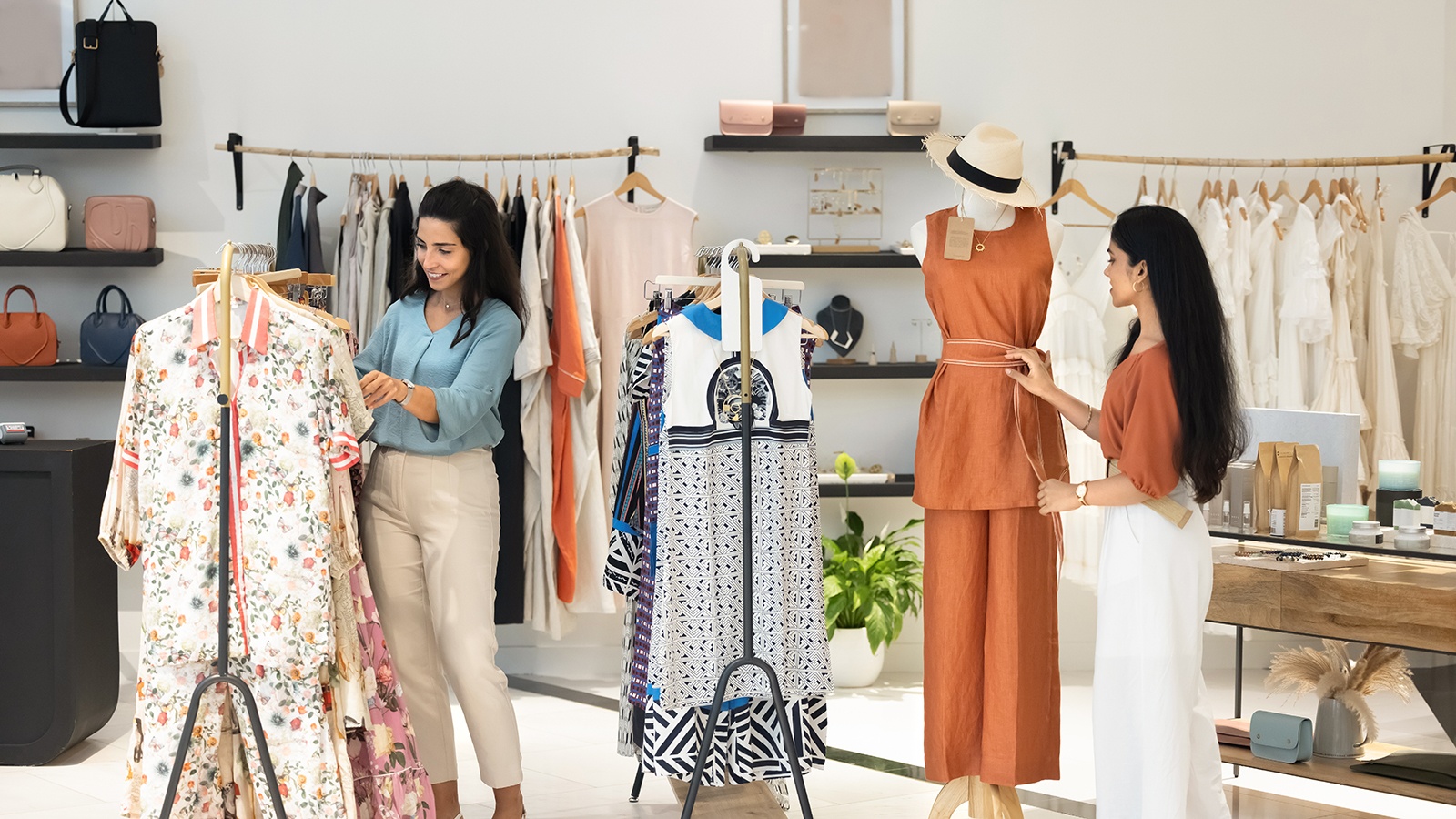 Women's fashion pieces being displayed on mannequins