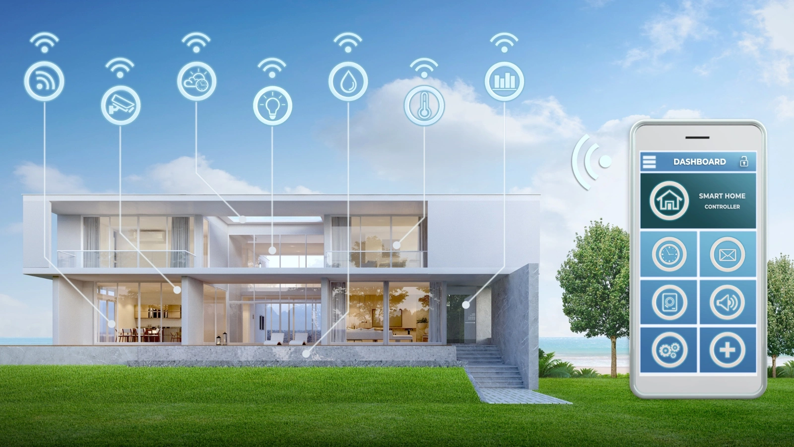 A smart home with a diagram of a smart phone that controls components of the structure.