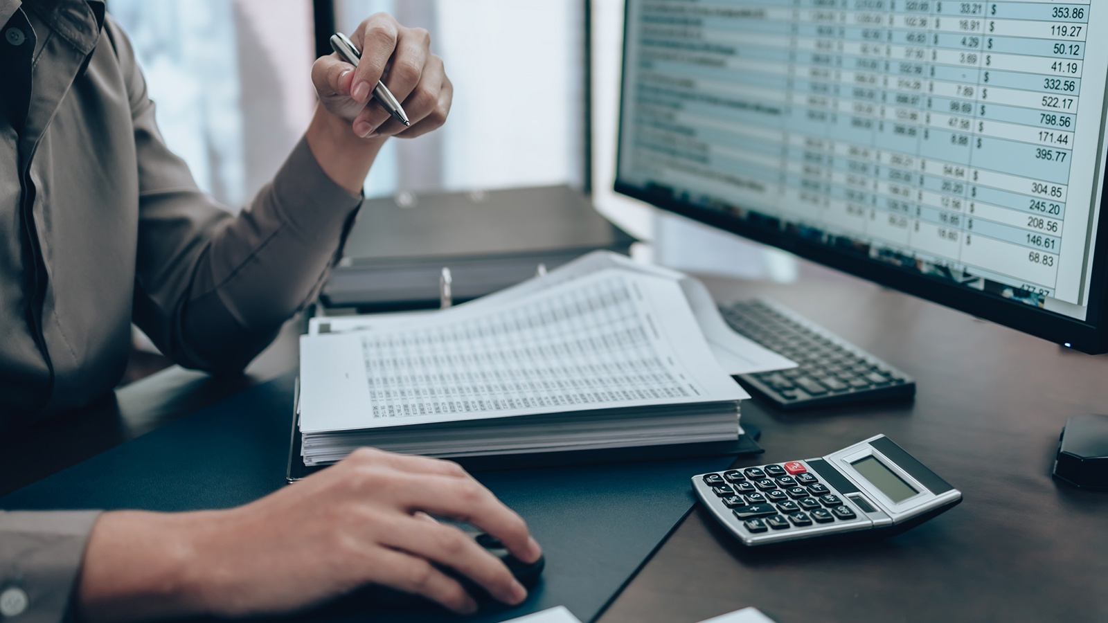 Accountant balancing a spreadsheet on their computer