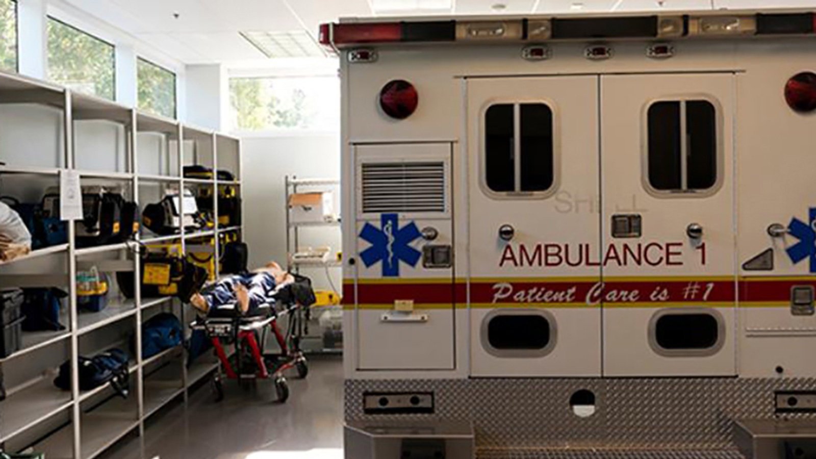 Emergency response vehicle parked next to some medical supplies