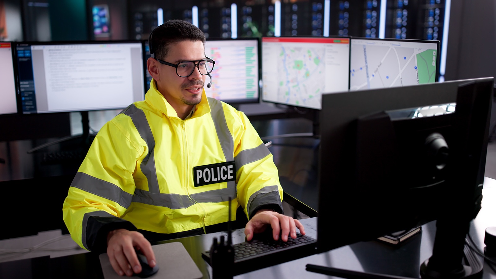 911 Operator Assisting Emergency Calls In Dispatch Center