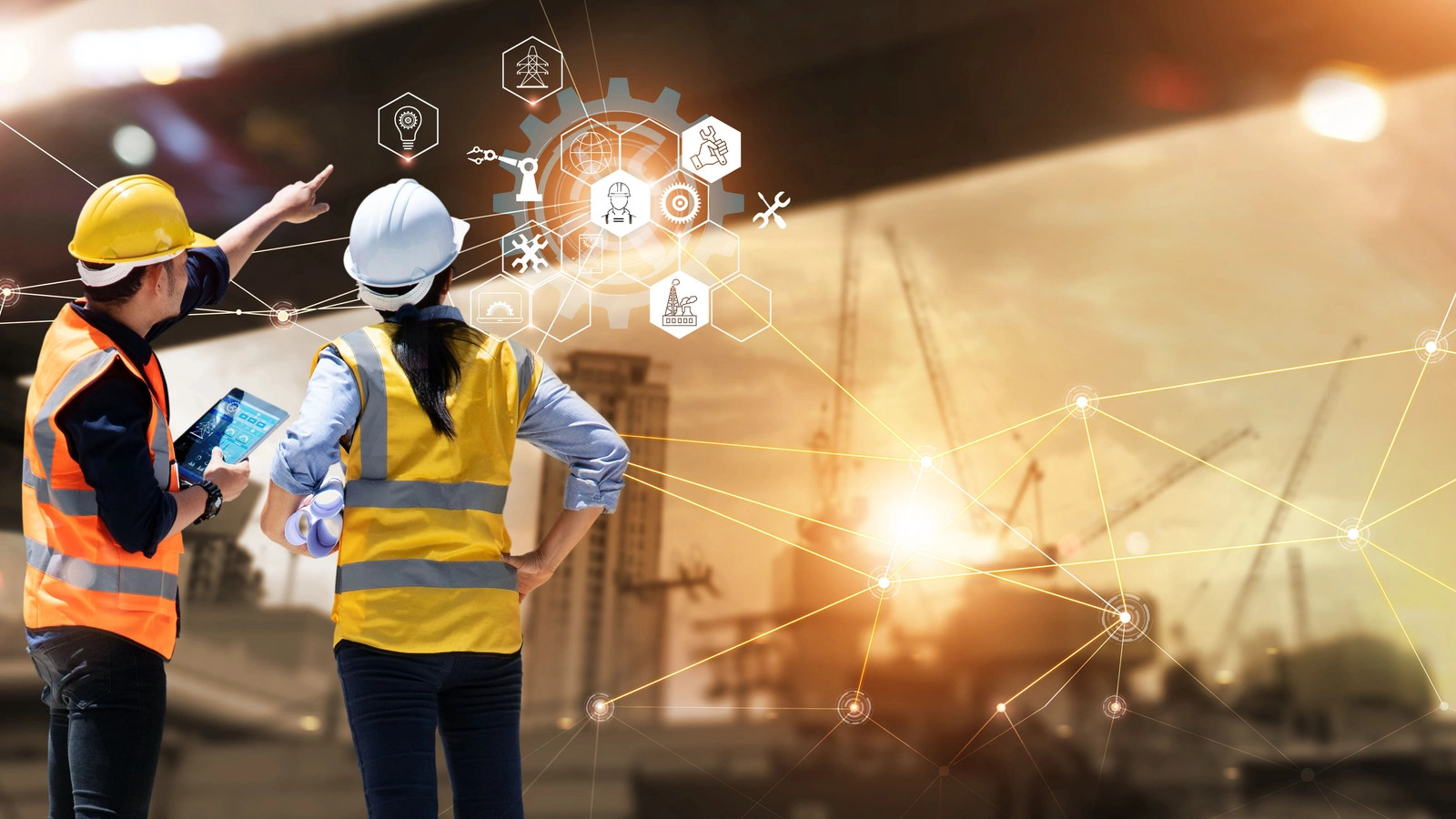 Icons of things that represent construction as two construction workers look on