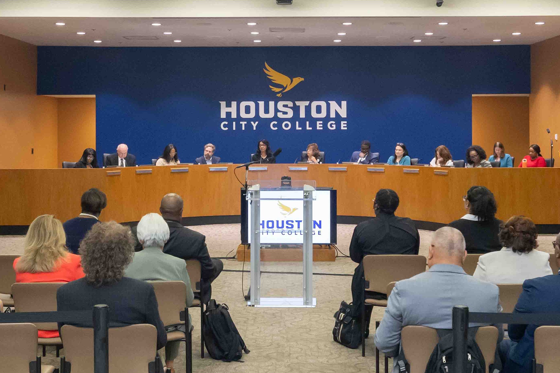 The HCC Board of Trustees at an open meeting session