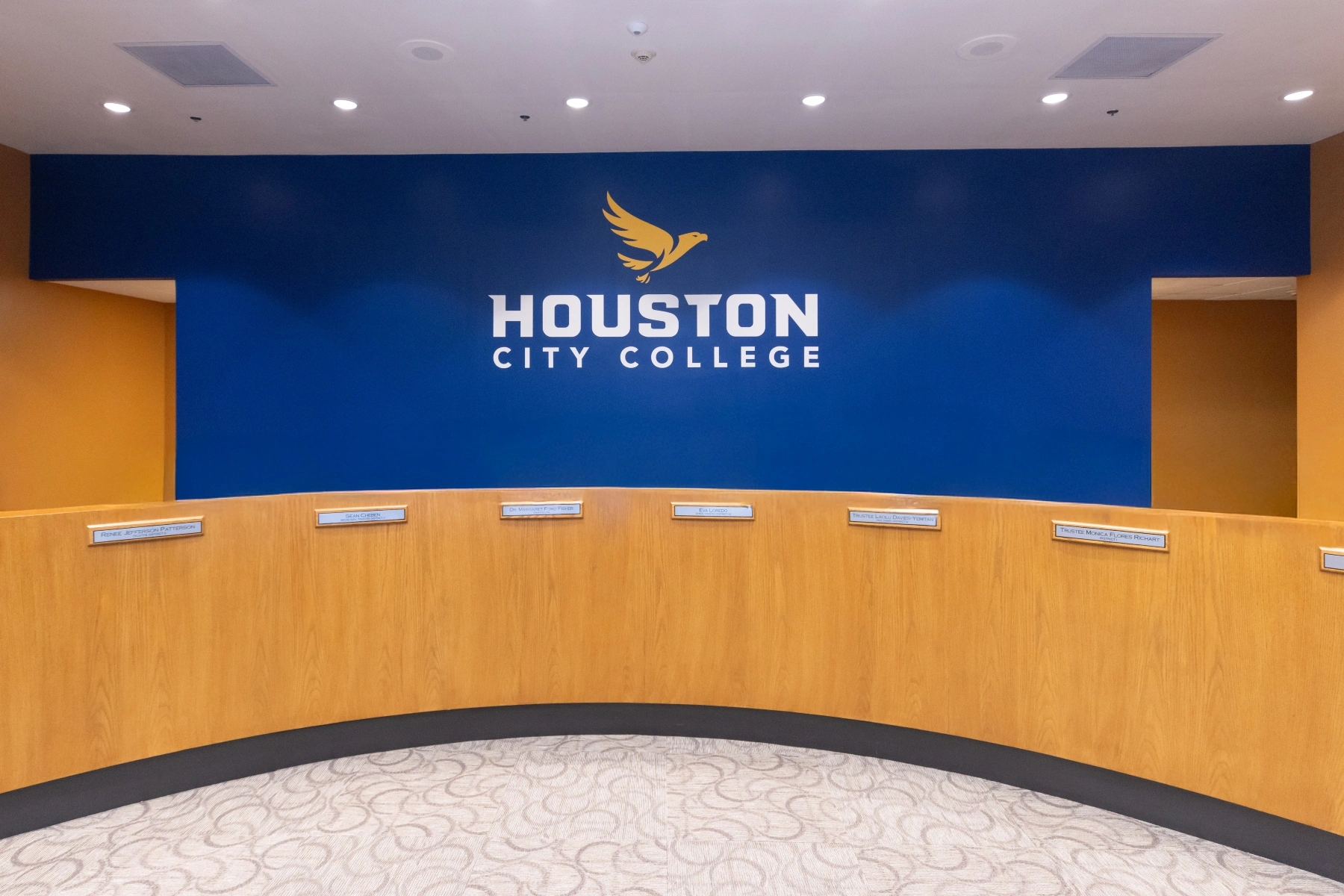 HCC Board of Trustees desk in the Auditorium.