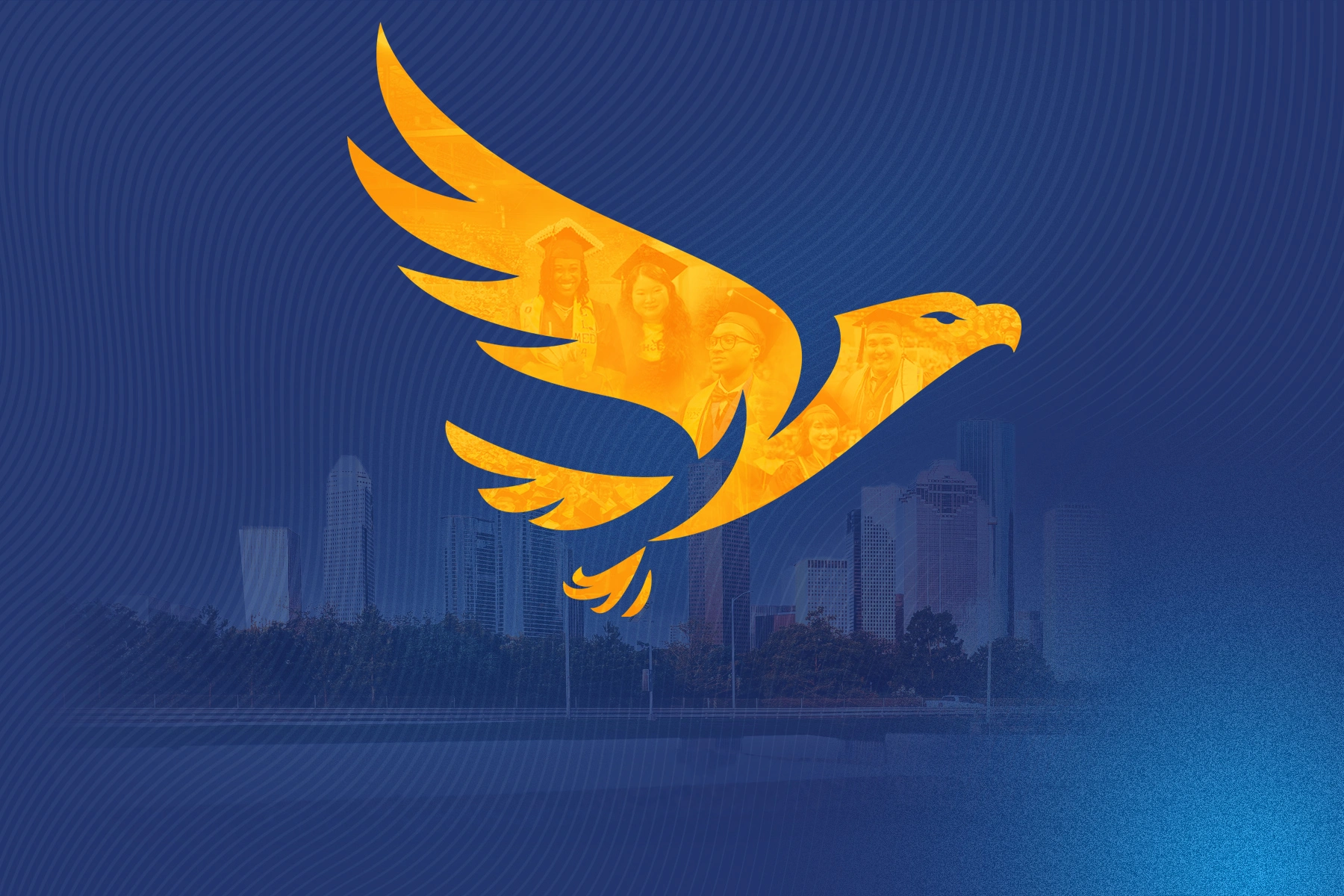 Collage of HCC Graduates inside of the swooping eagle logo in front of the Houston skyline