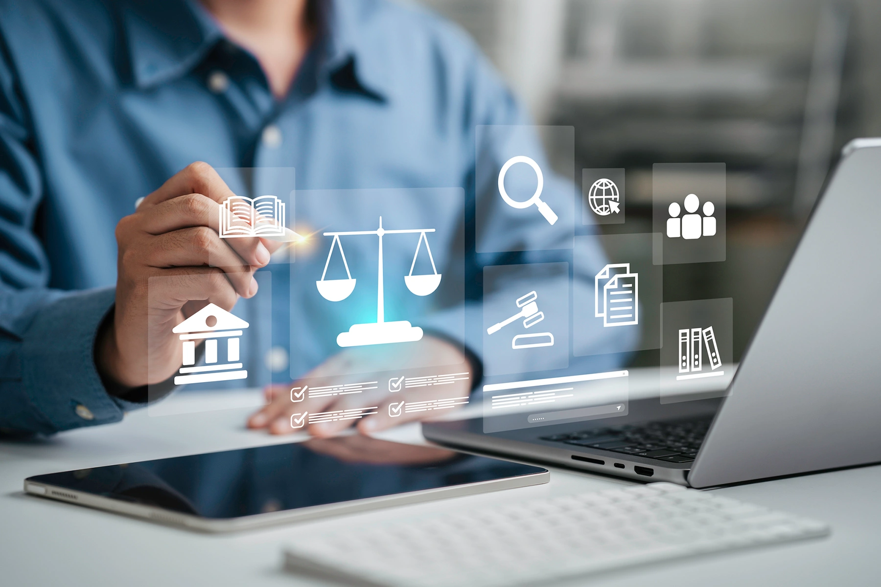 Person using electronic device to view policies and regulations