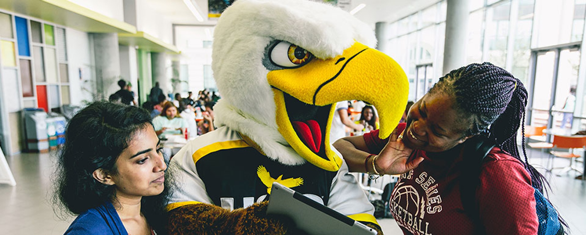 Mascot, Swoop, engaging with students on campus