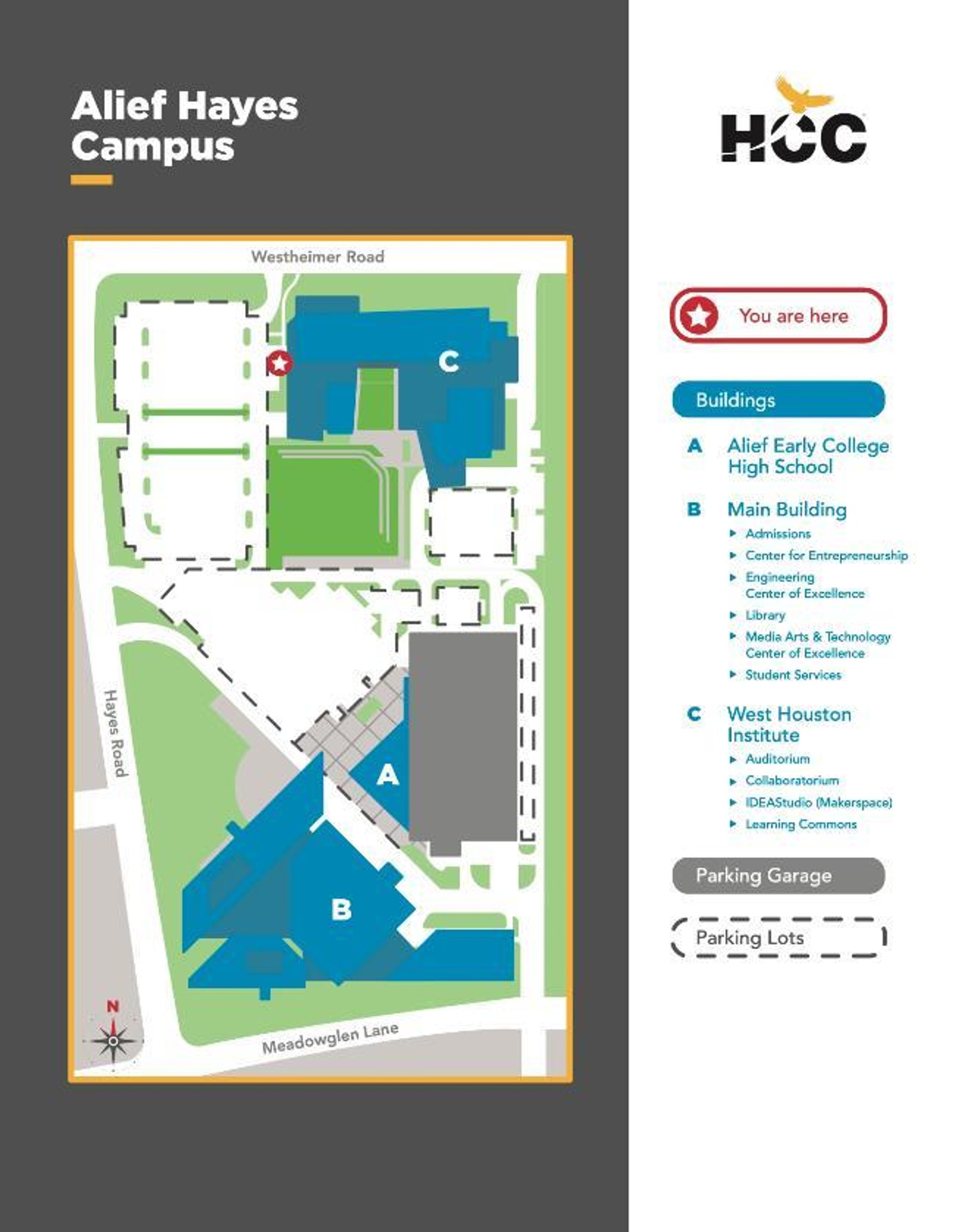 A directional map of the HCC Alief Hayes Campus and the West Houston Institute.