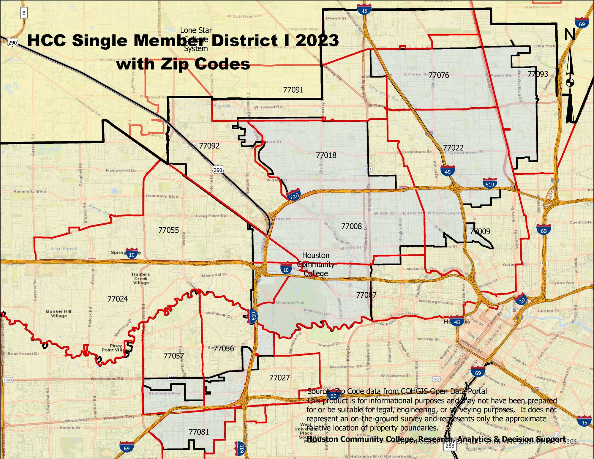 Single Member District I Map with zip codes
