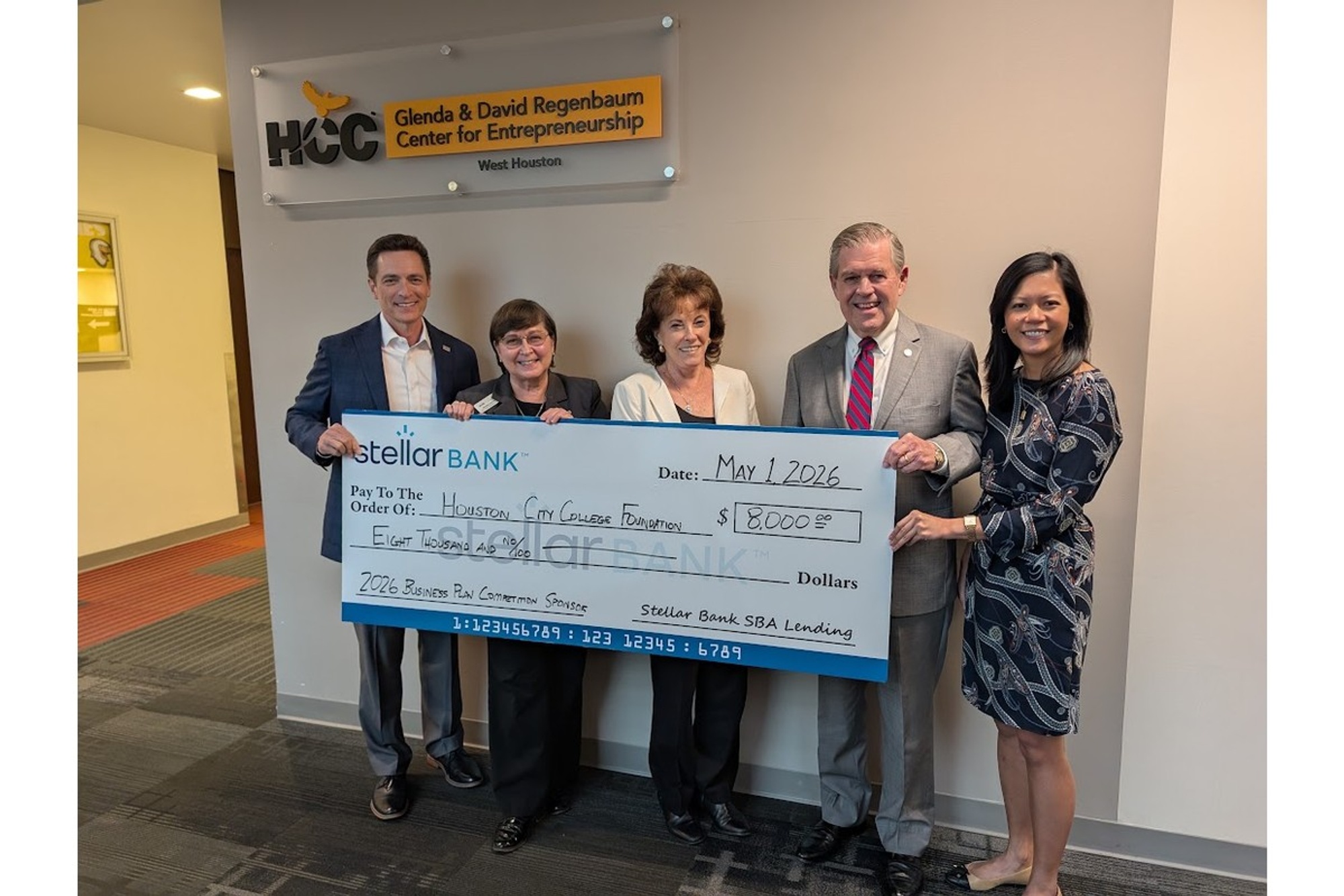 Gary Henderson, EVP & Director, GG Lending, Stellar Bank; Sandra Louvier, Director, Center for Entrepreneurship, NW; Dr. Maya Durnovo, AVC Entrepreneurial Initiatives; Dr. Zachary Hodges, President HCC, NW; and Astrid Salarda, HCC Foundation