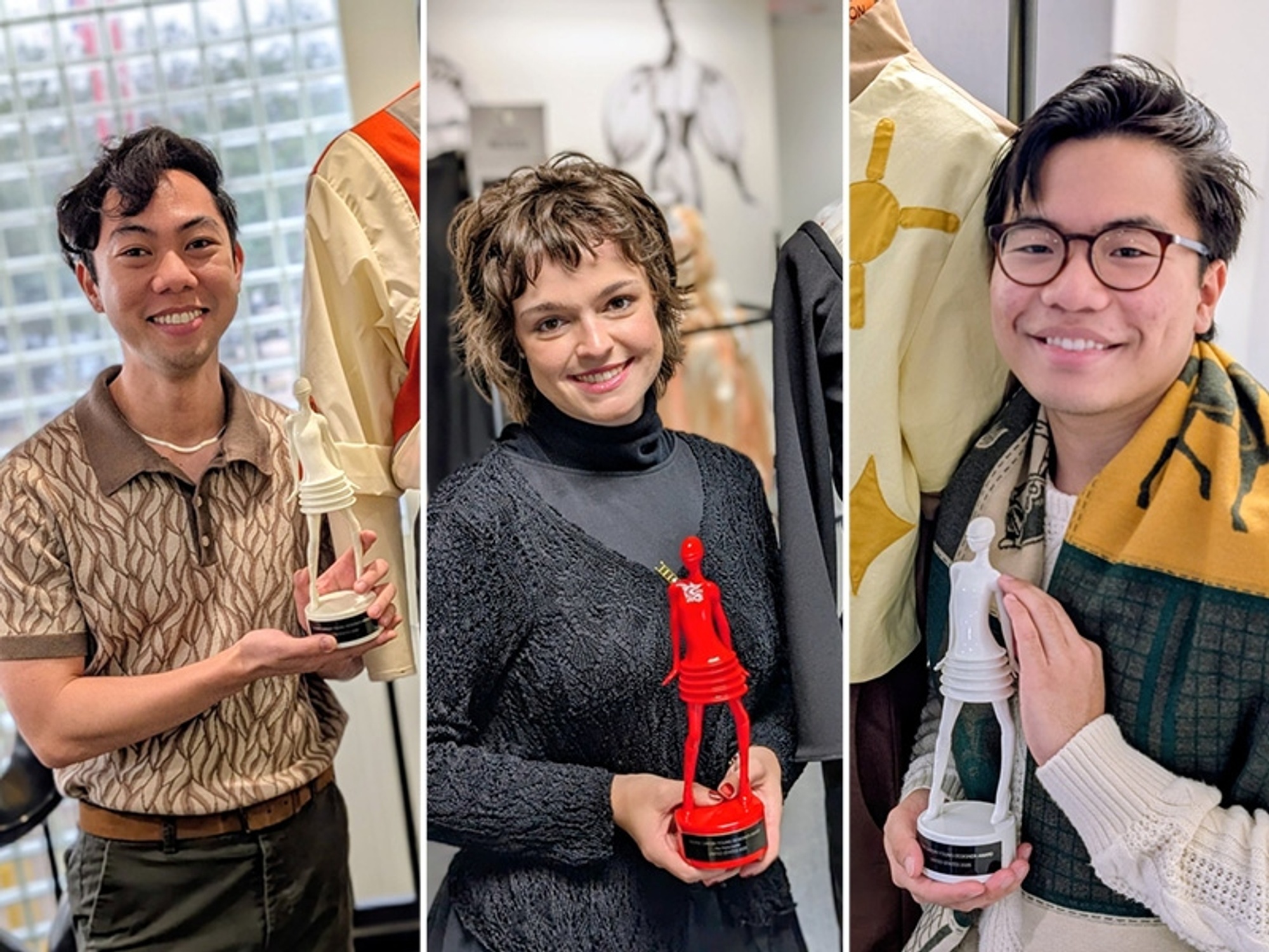 Pictured from left to right: HCC Fashion Design Students with their trophies. Darrion Nguyen earned Best Creativity; Kelyn Mauz earned overall Second Prize; and Matthew Simbajon earned the High Potential Prize at the Pierre Cardin Young Designers Award (PCYDA) competition, held Nov. 19-20, in Dallas.