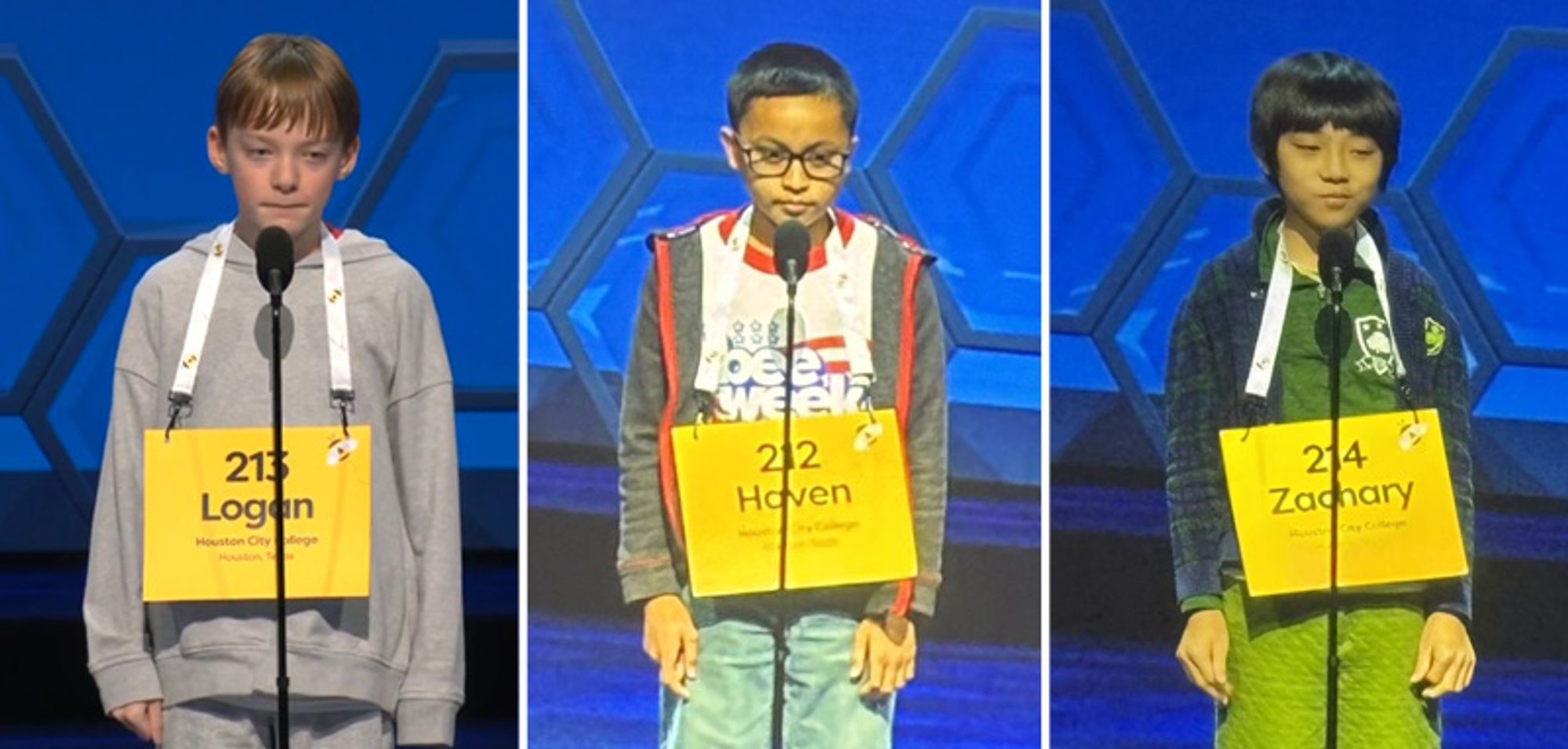Pictured from left to right: Logan Bailey, Haven Orsua and Zachary Teoh competed in 2026 Scripps National Spelling Bee.