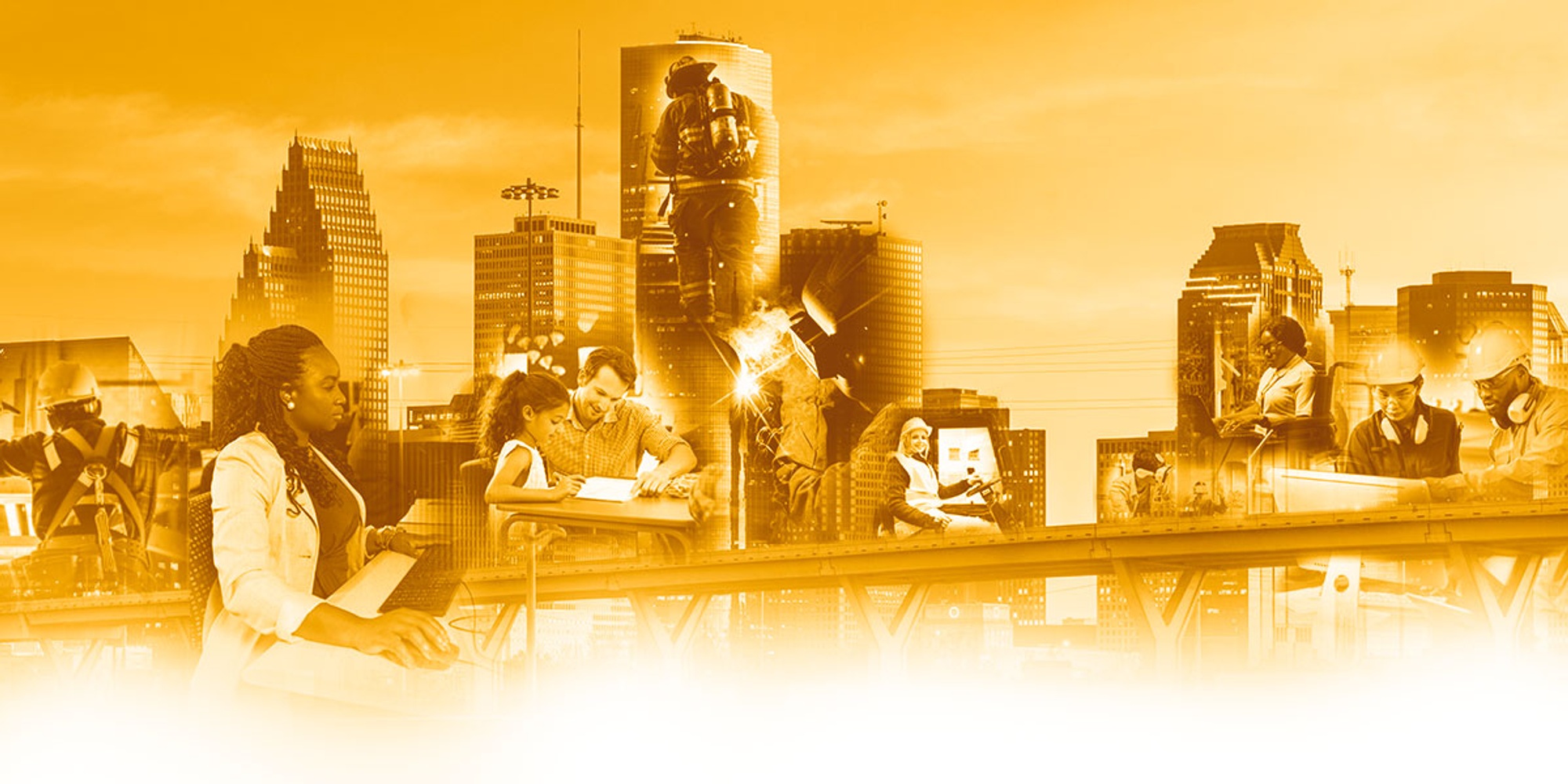 Several different industry professionals in front of the Houston Skyline