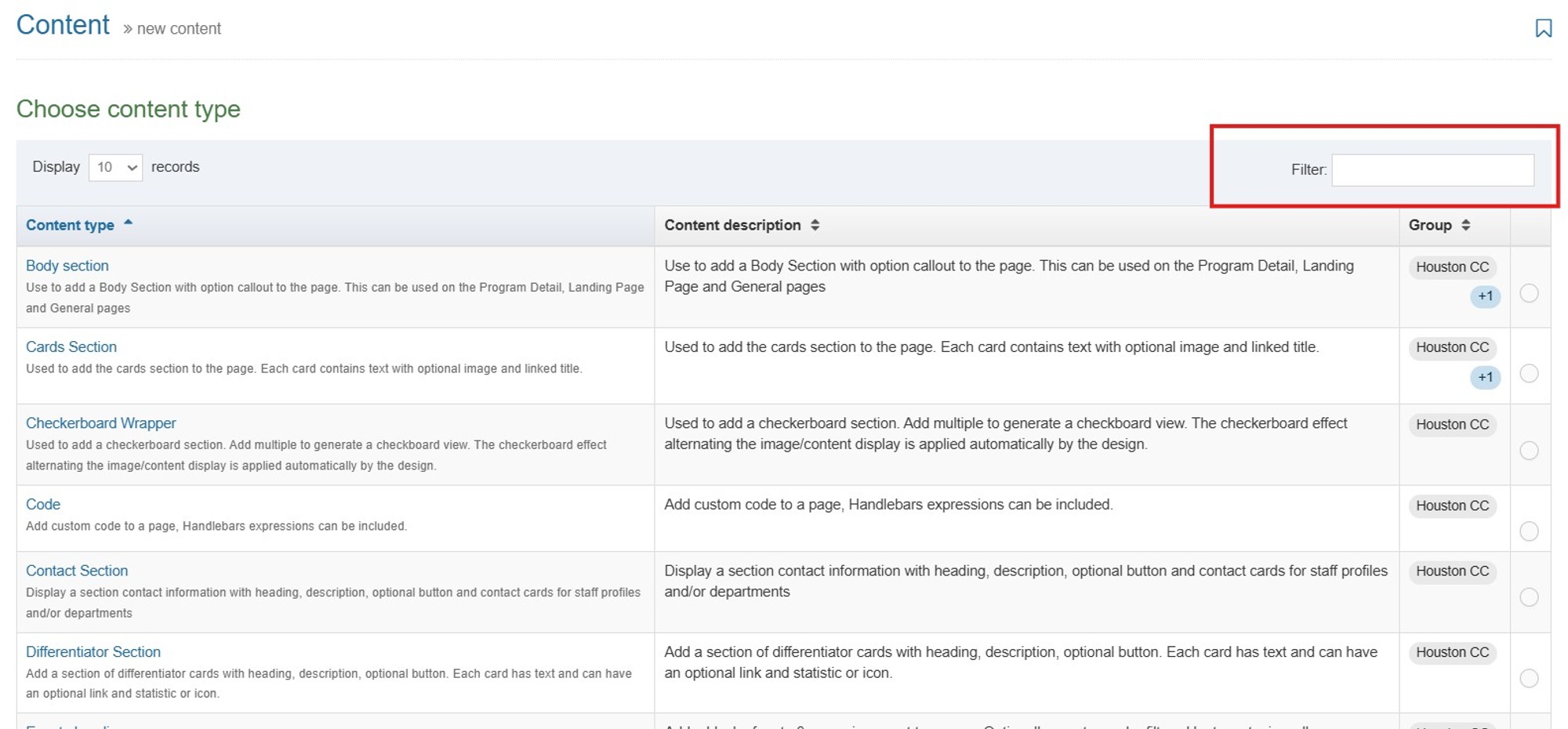 content type screen with filter box highlighted