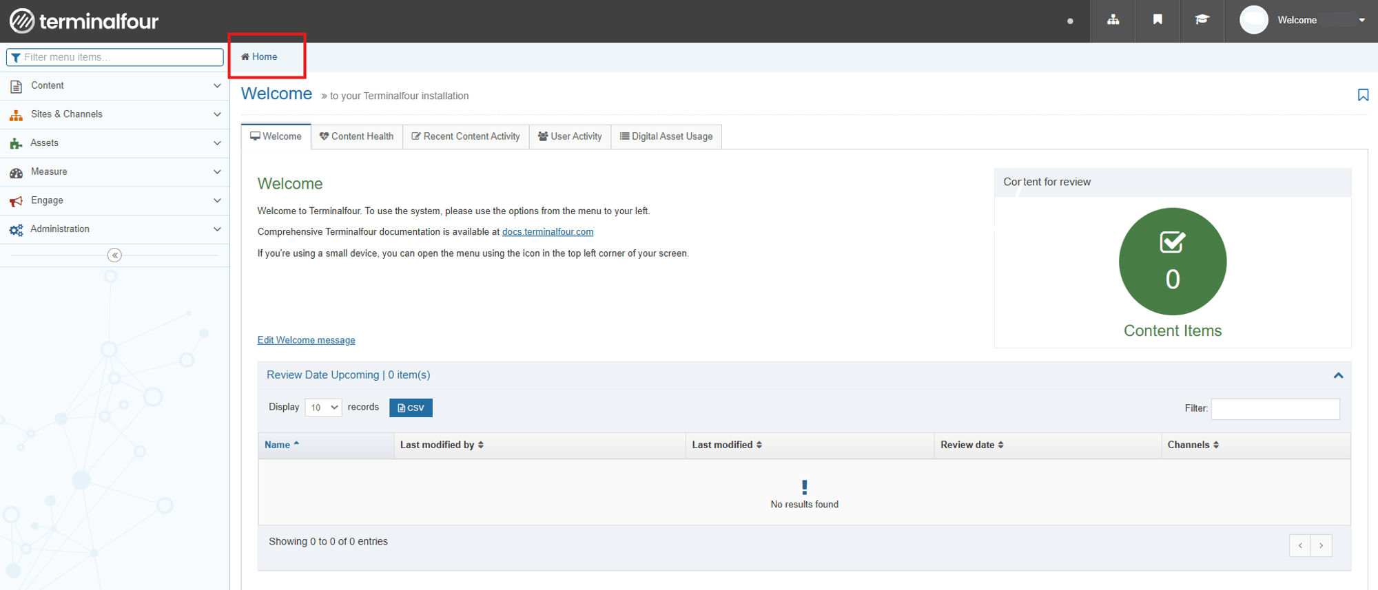 Terminalfour welcome page with home button highlighted