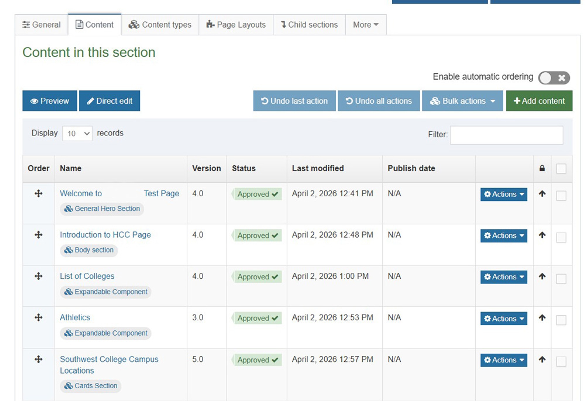 Screenshot of contents in a section