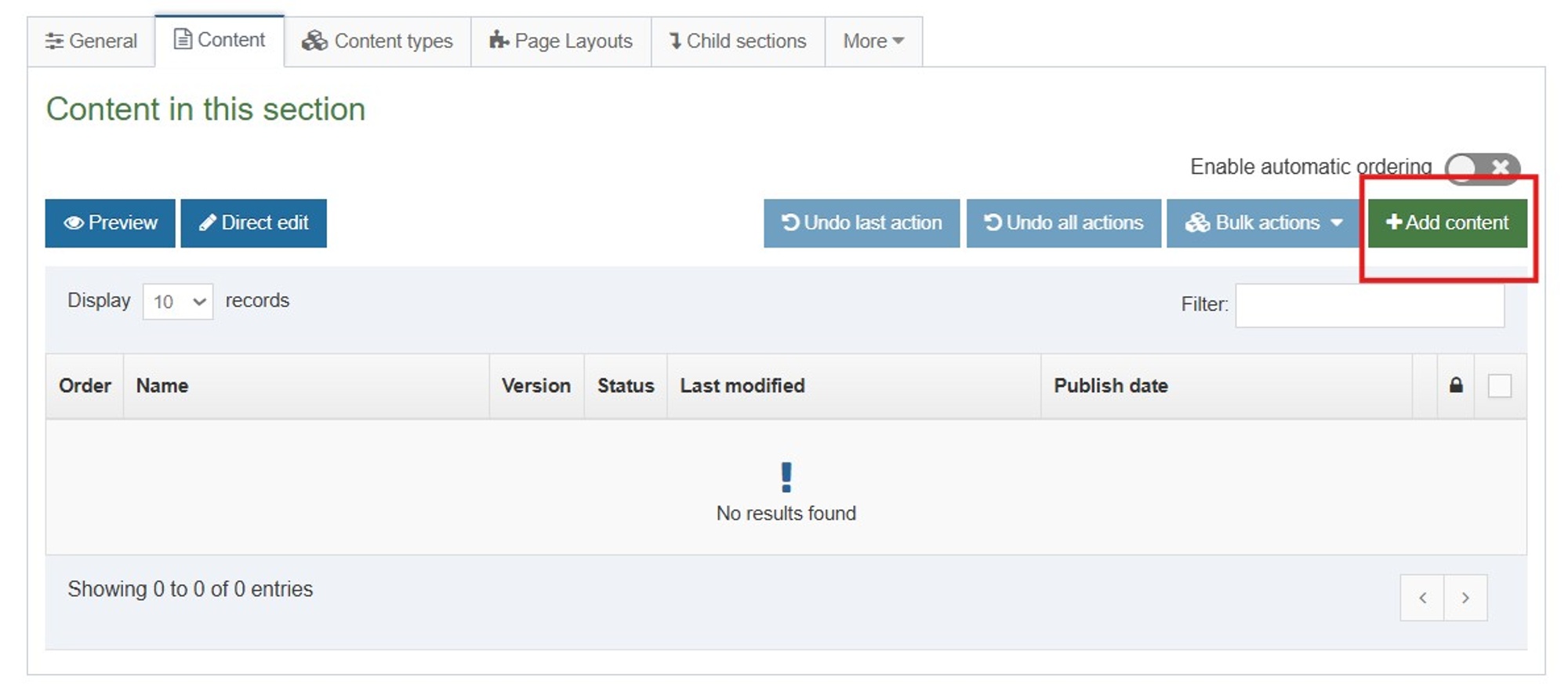 Screenshot of an empty section page with no components, with add components button highlighted