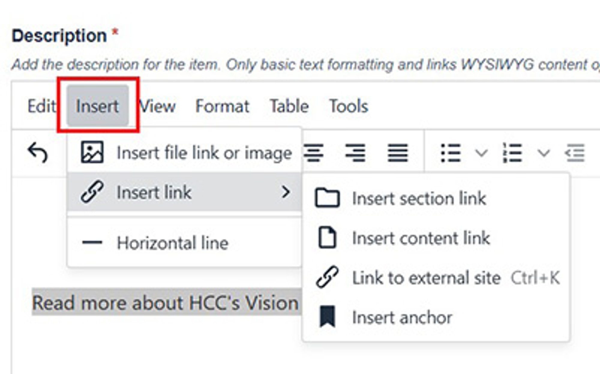 A screenshot of how to insert a link