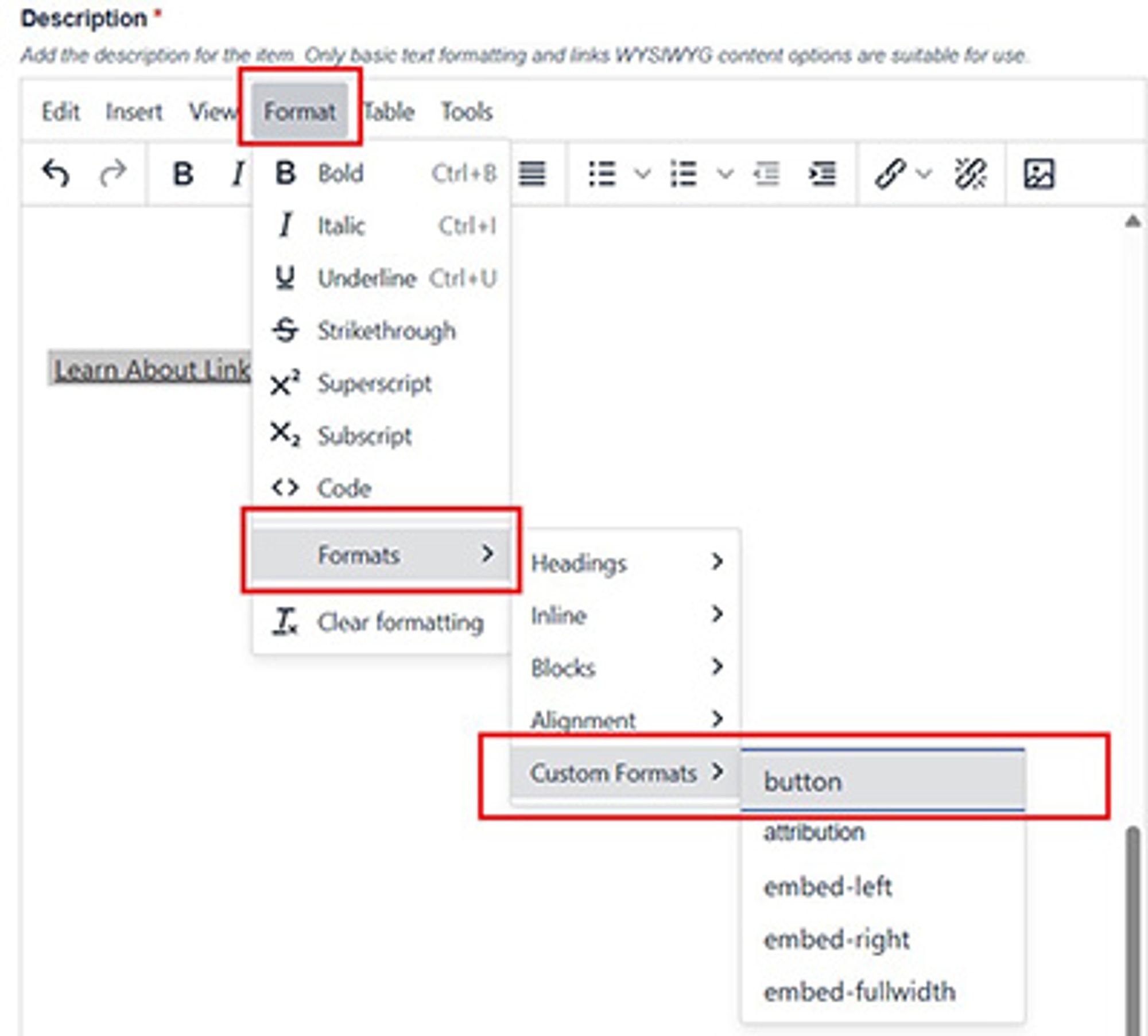 Screenshot of how to style a link as a button.