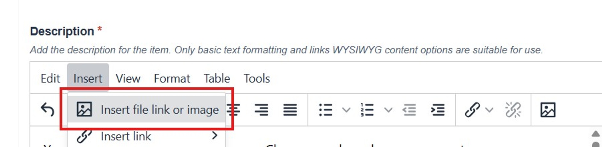 Screenshot of how to add an image from the toolbar menu, insert