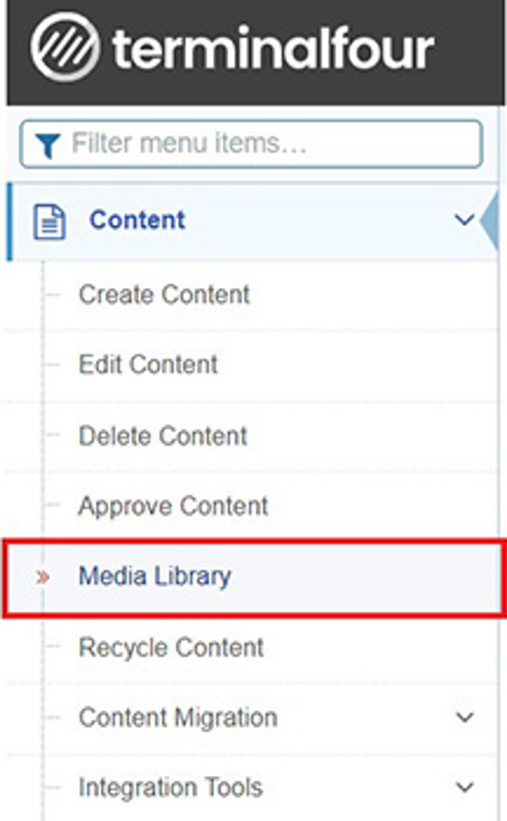 Screenshot of Media Library through the left navigation