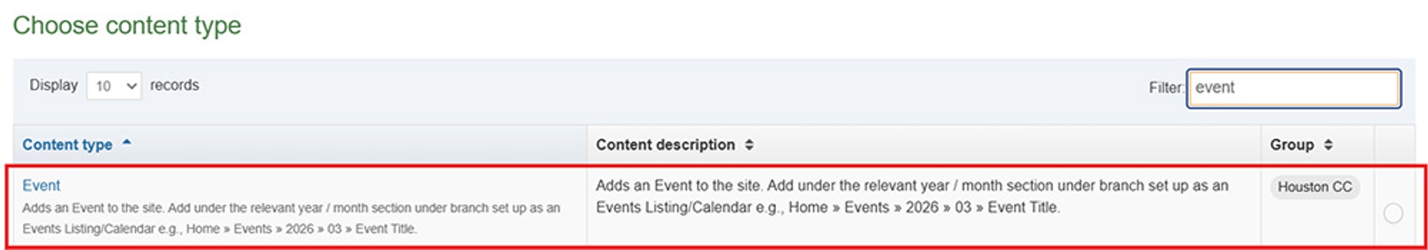 Event Content Type