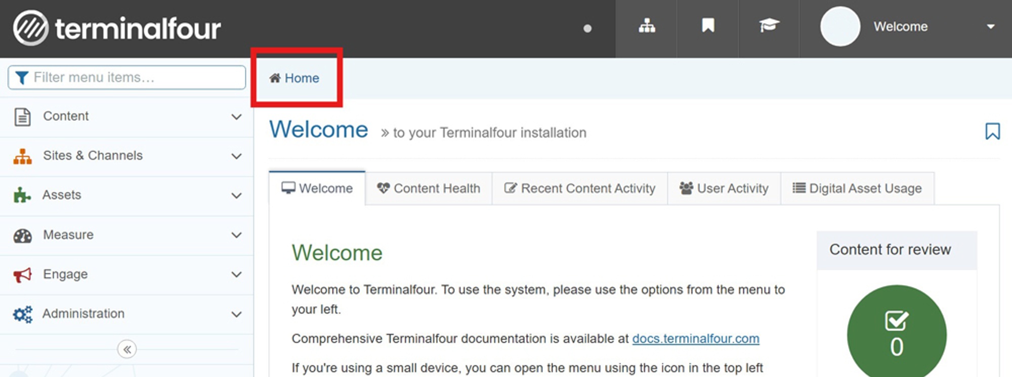 Terminalfour welcome page with home button highlighted