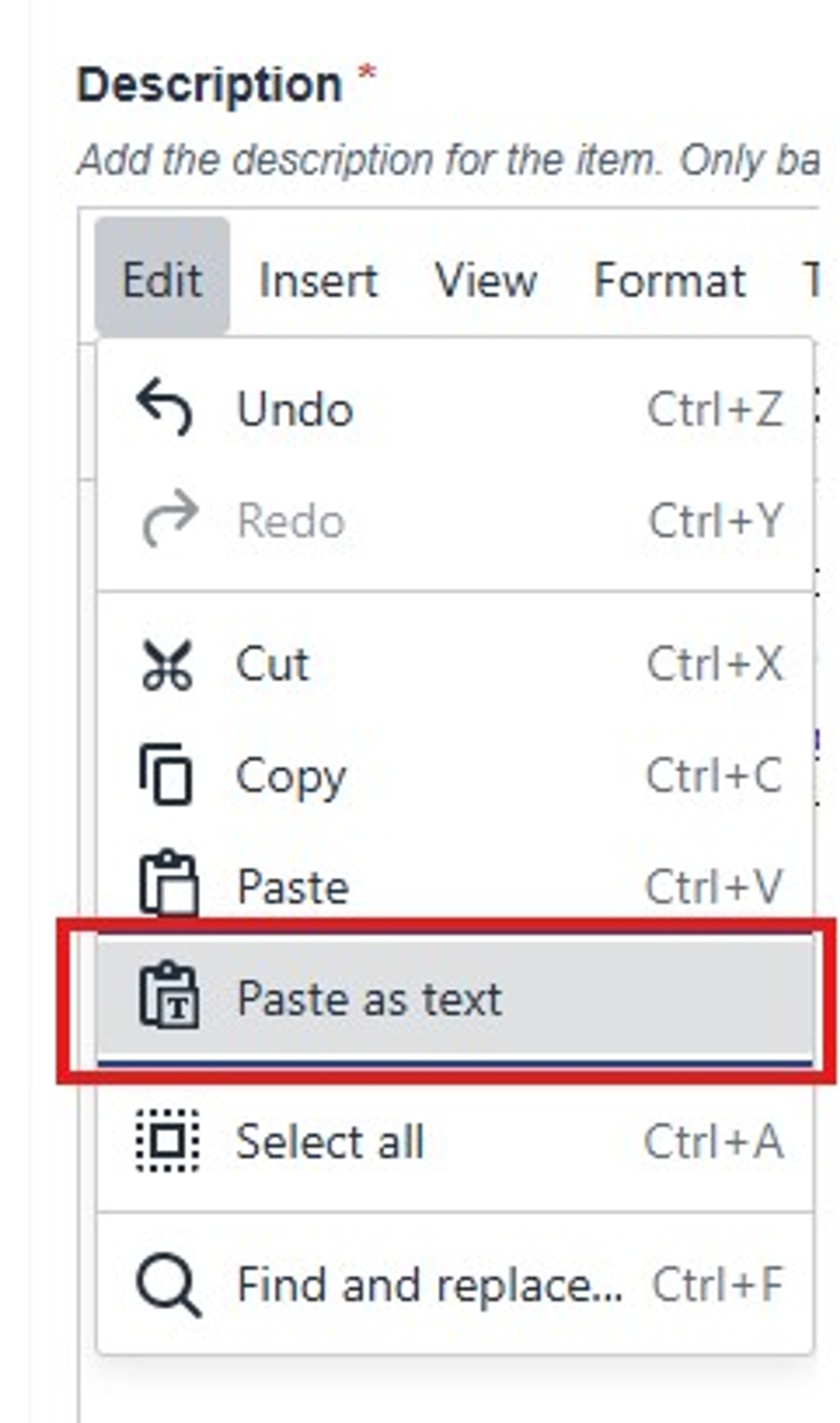 A screenshot of Paste as Text option in the description tool bar