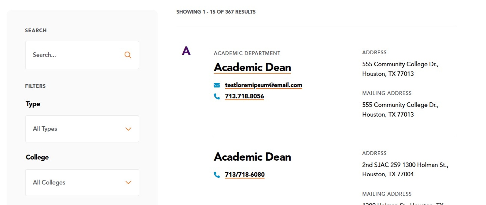 Screenshot of Department Listing and filters