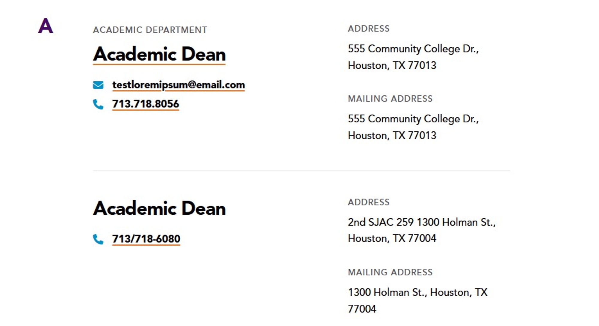 Screenshot of Department Listing
