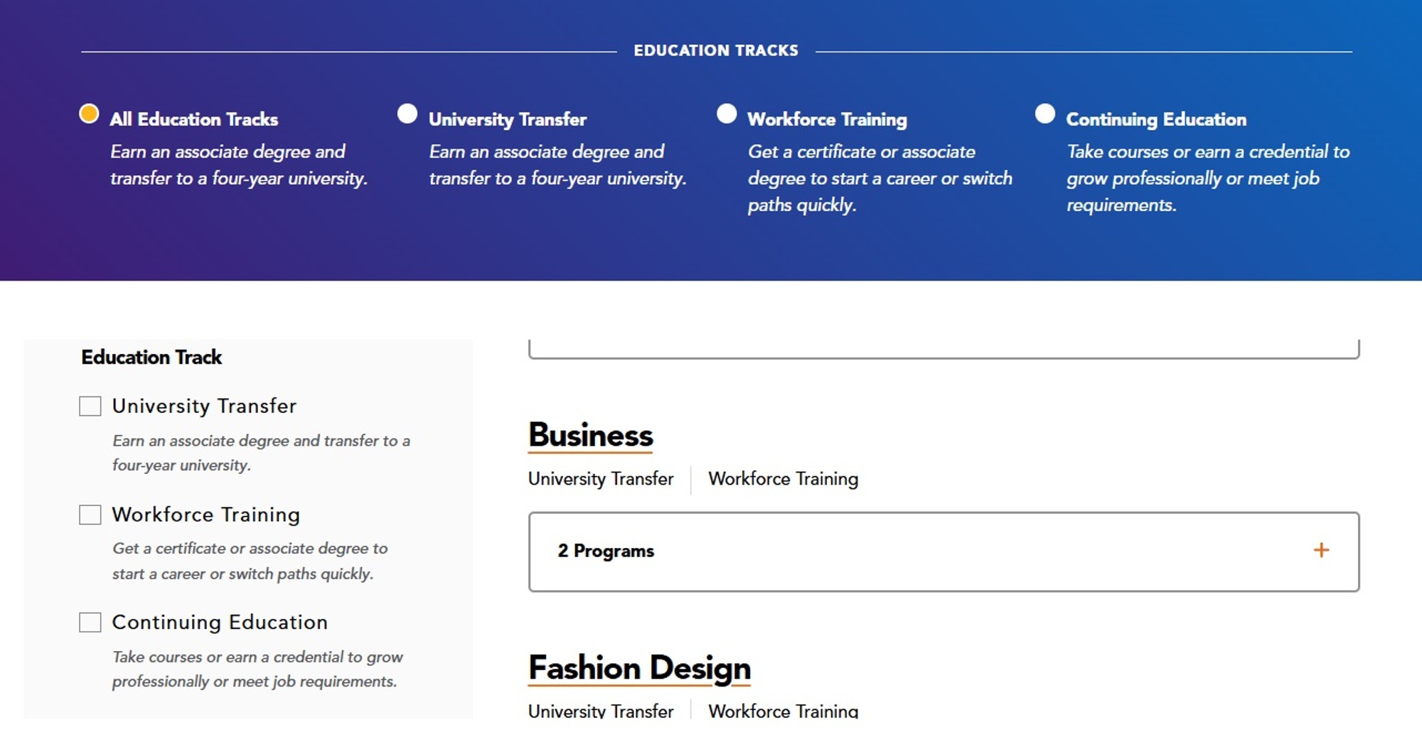 Screenshot of Education Tracks Config text used on program detail and program listing pages