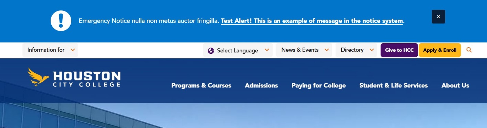 Screenshot of emergency notice type message with no notice page