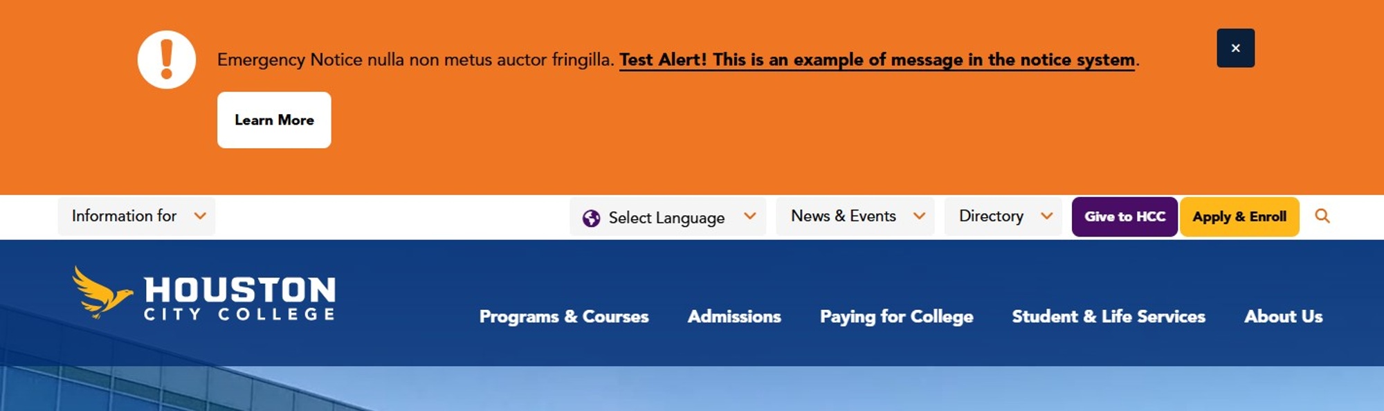 Screenshot of emergency notice type warning