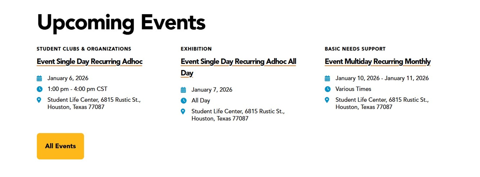 Screenshot of Events Landing