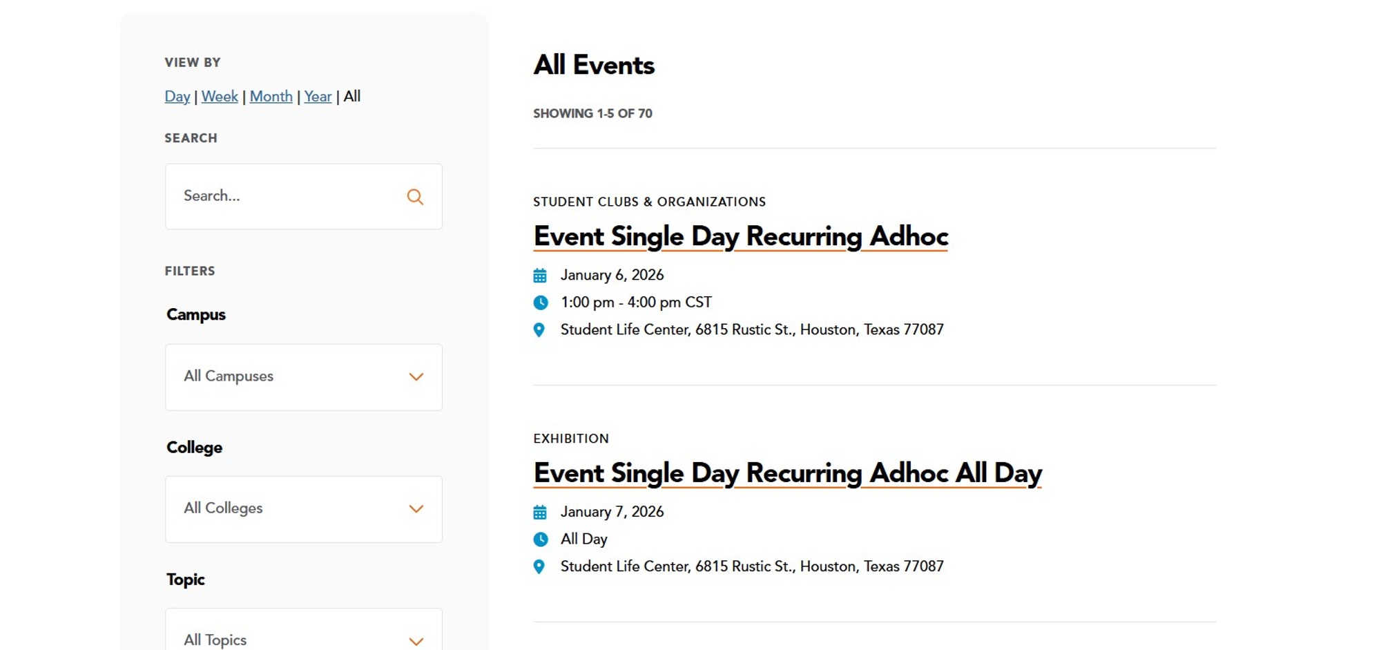 Screenshot of events listing