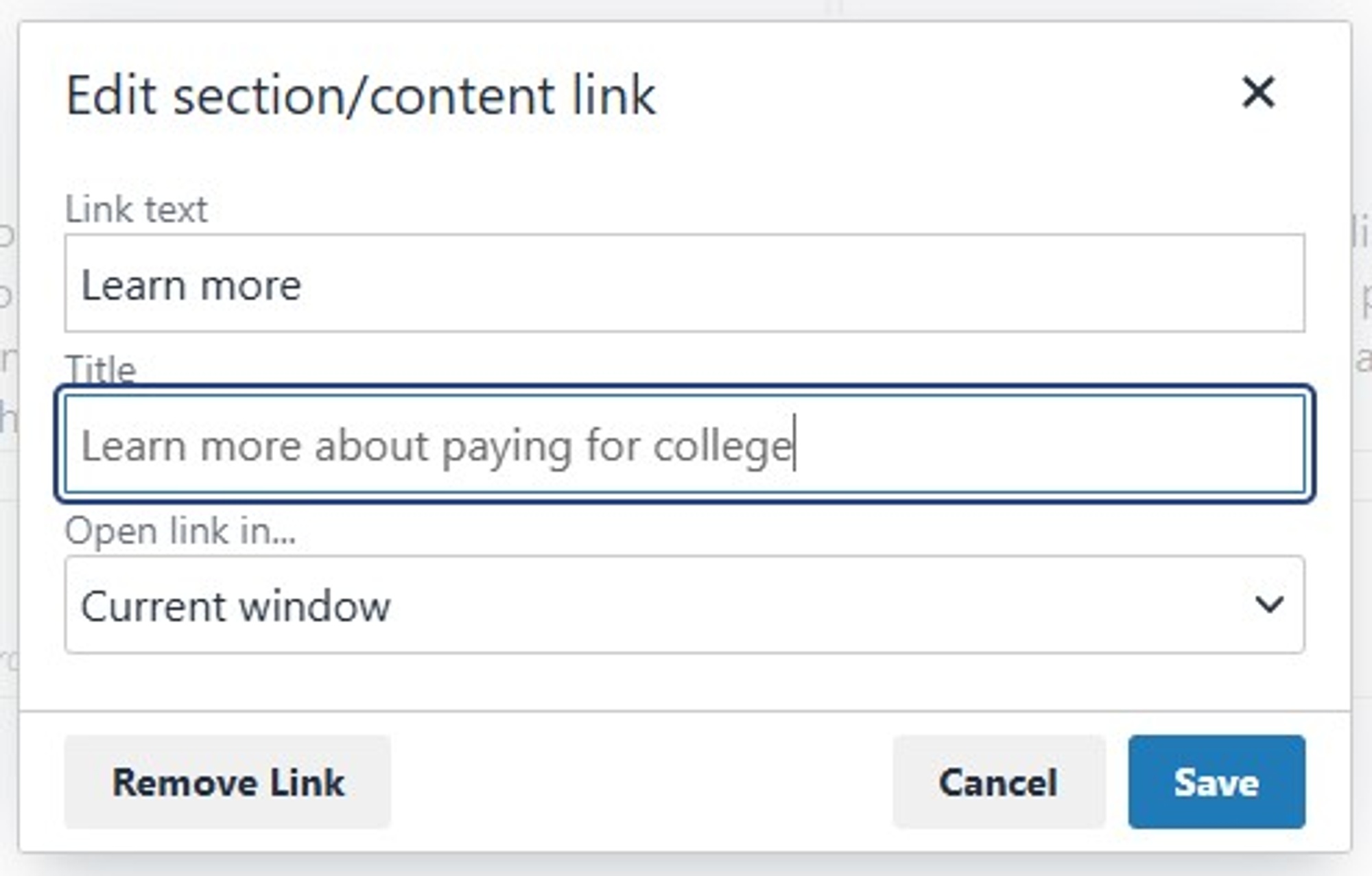 Screenshot showing changing the link text and title