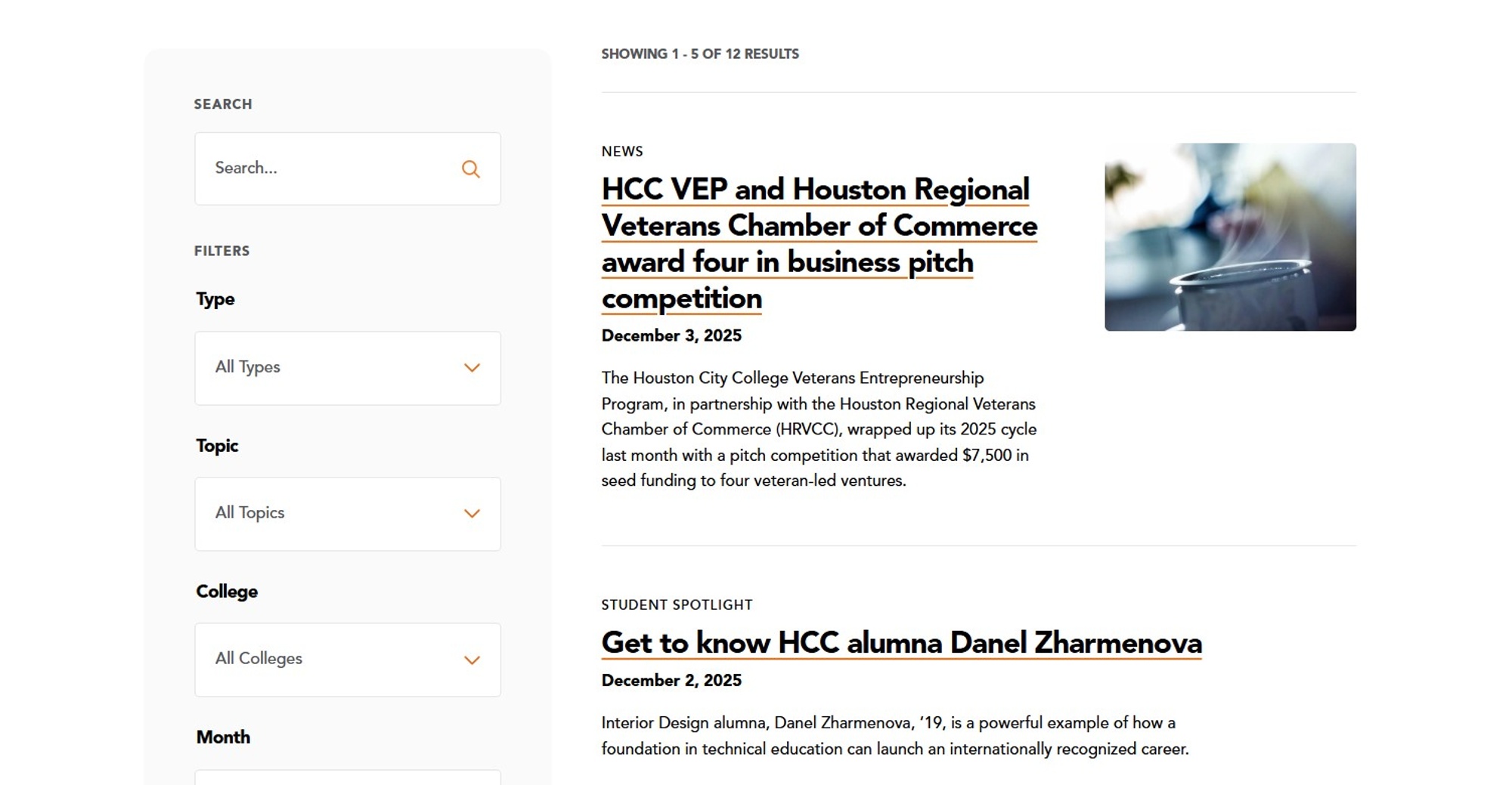 Screenshot of News Listing