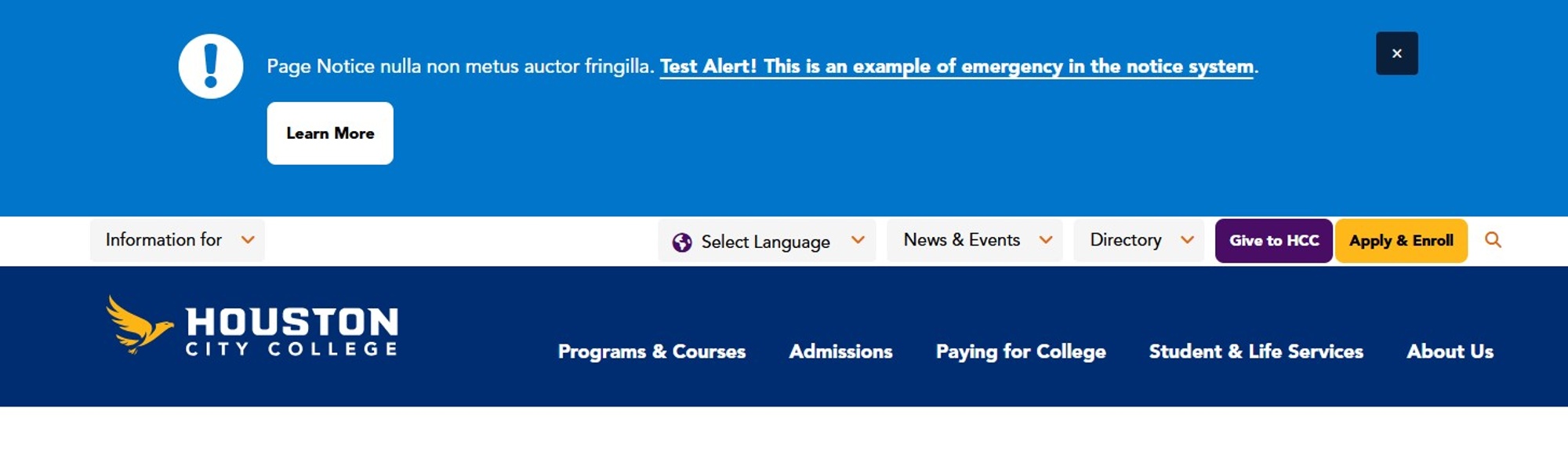 Screenshot of page notice