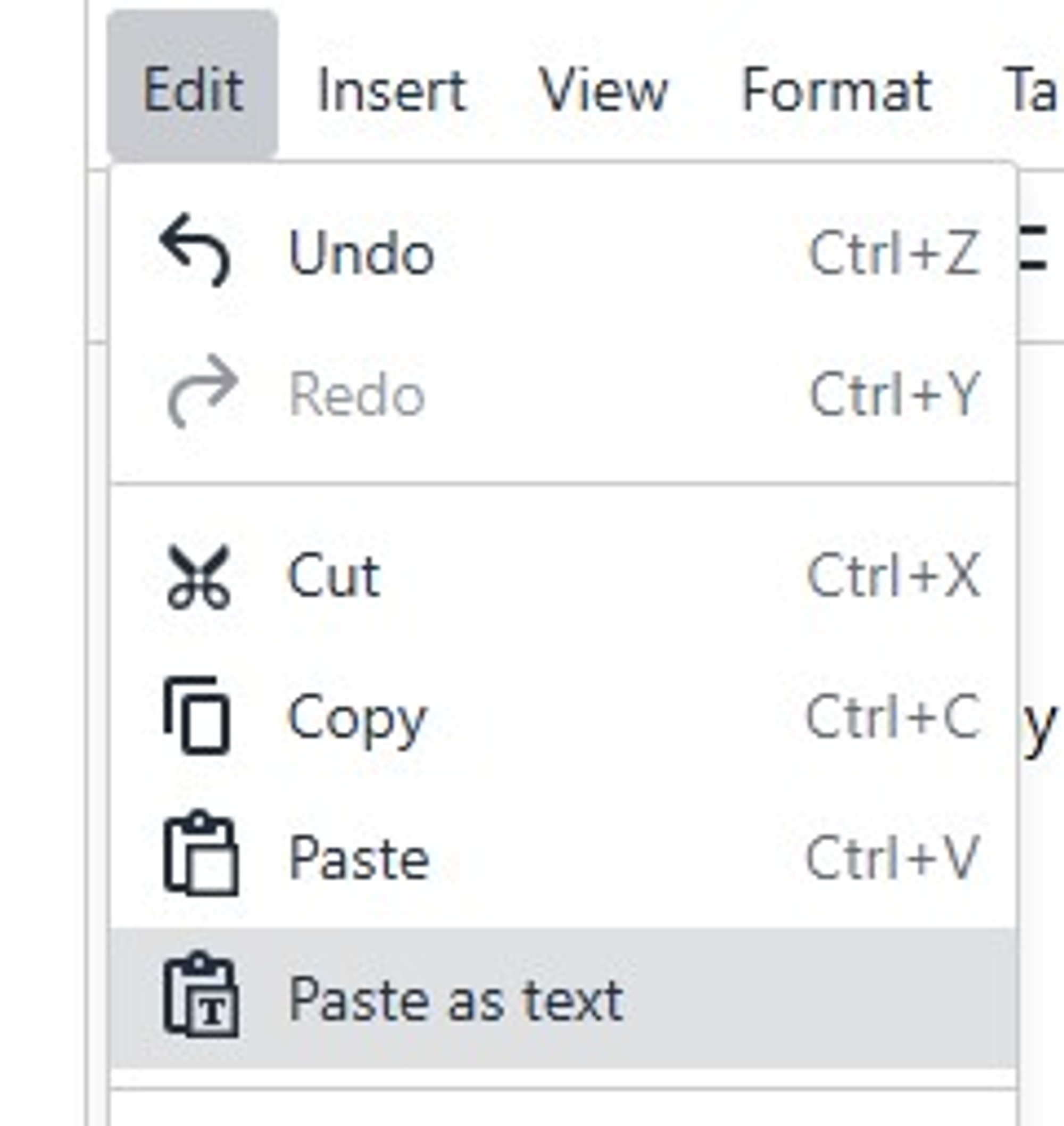 Screenshot showing paste as text option