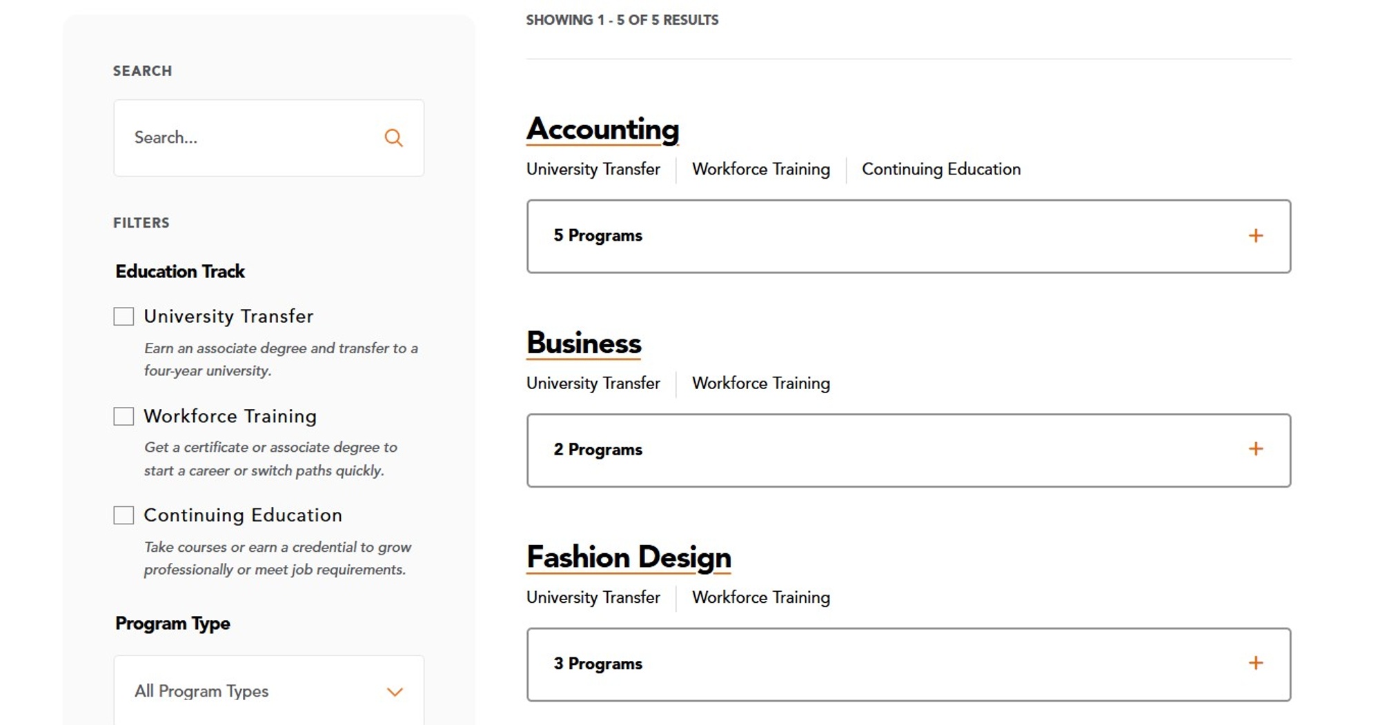 Screenshot of program search