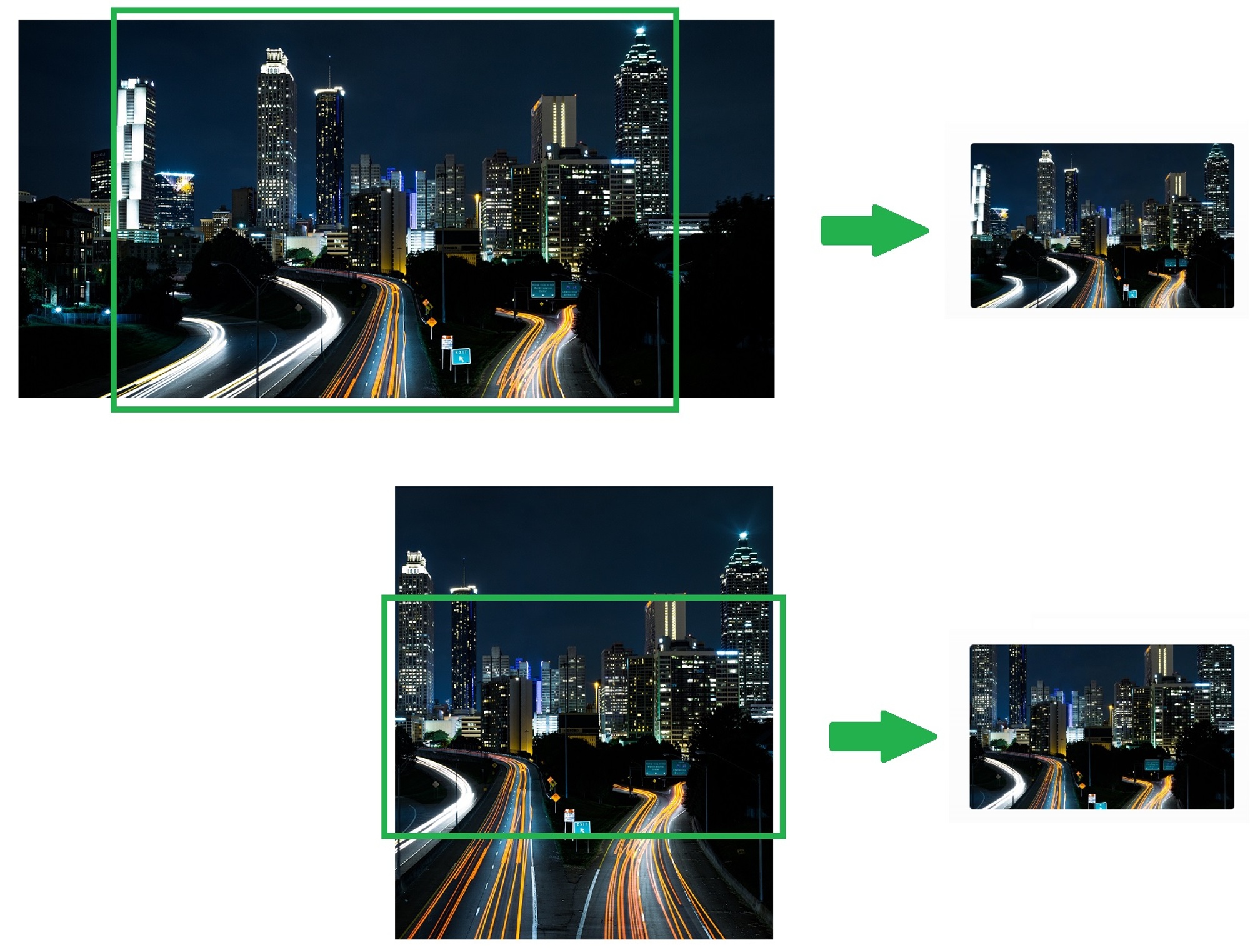 Screenshots showing examples of PXL cropping applied to a portrait and landscape image