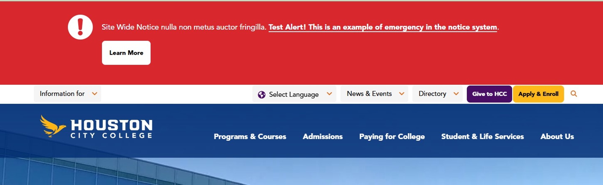 Screenshot of site wide notice type emergency