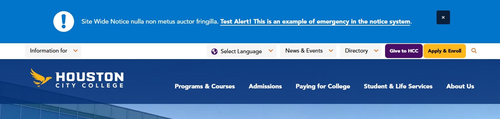 Screenshot of site wide notice type message with no notice page