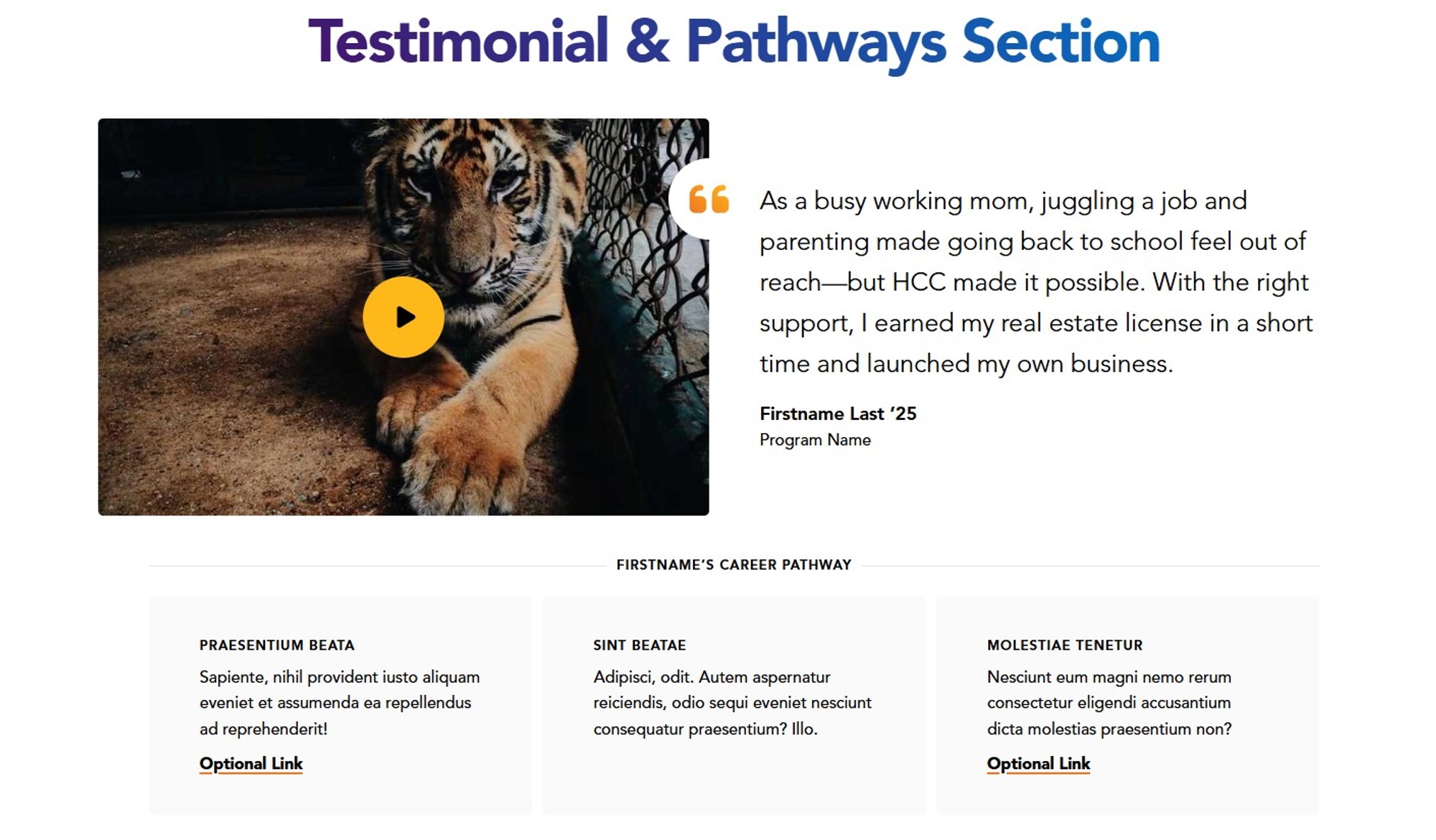 Screenshot of the Testimonial and Pathways Section