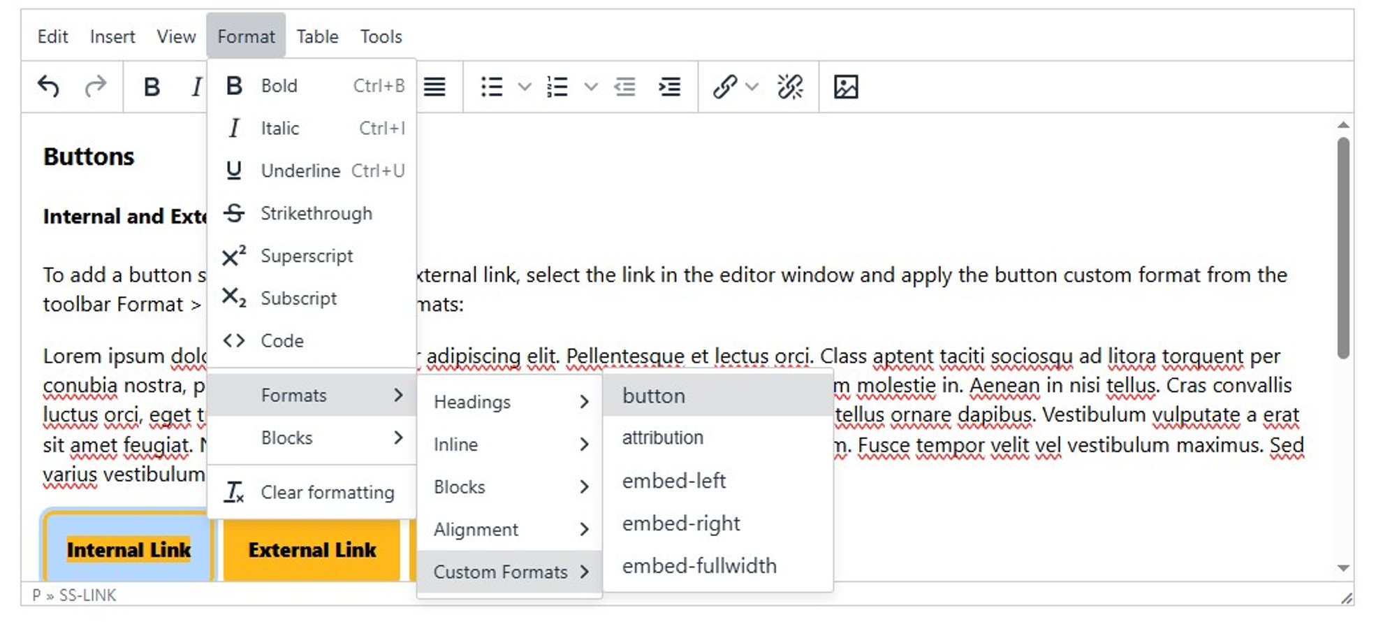 Button custom format in the WYSIWYG